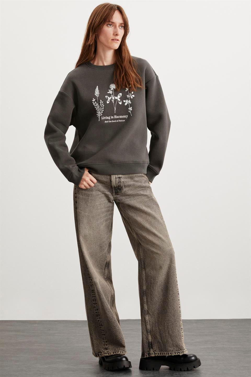 MARENA  Relaxed Gri Tekli Sweatshirt