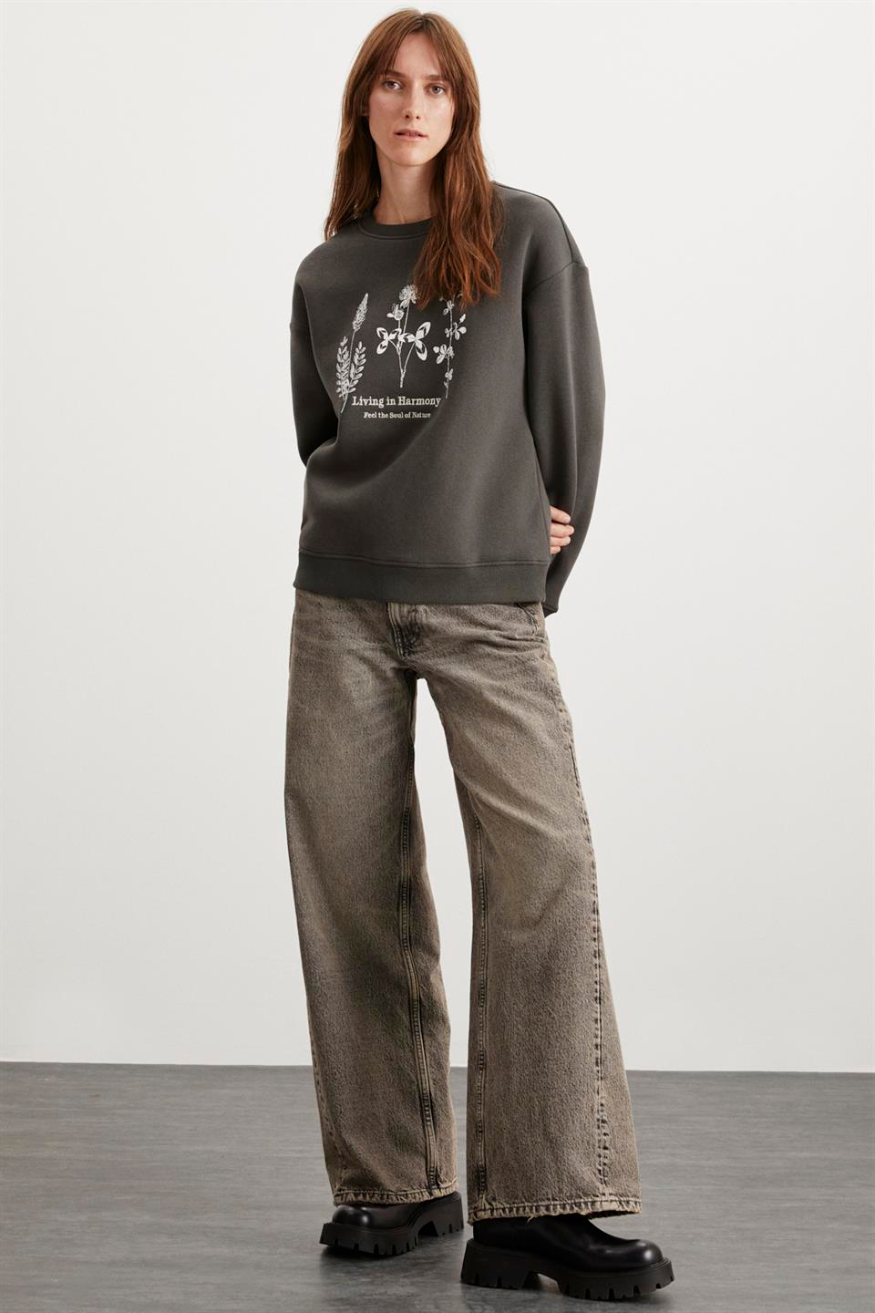 MARENA  Relaxed Gri Tekli Sweatshirt