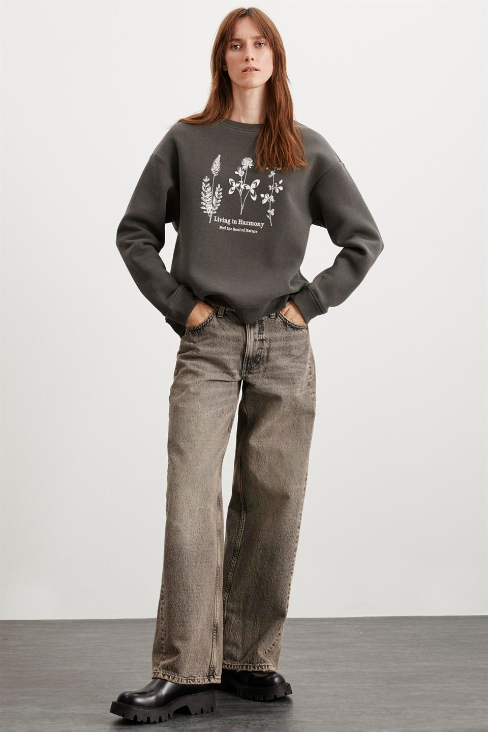 MARENA  Relaxed Gri Tekli Sweatshirt