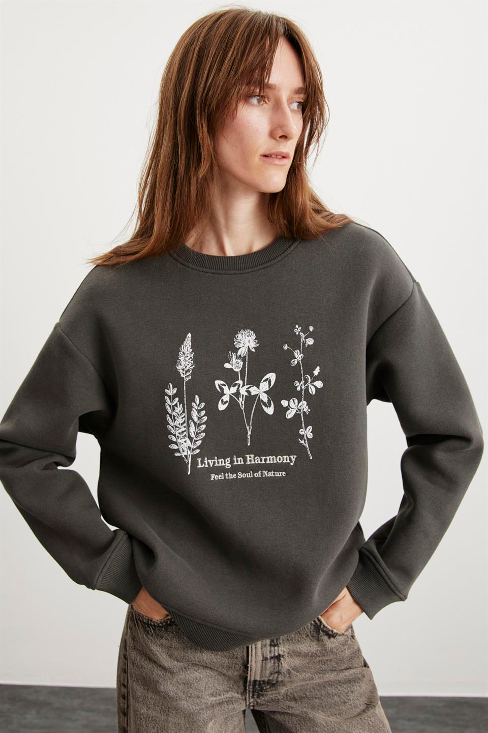 MARENA  Relaxed Gri Tekli Sweatshirt