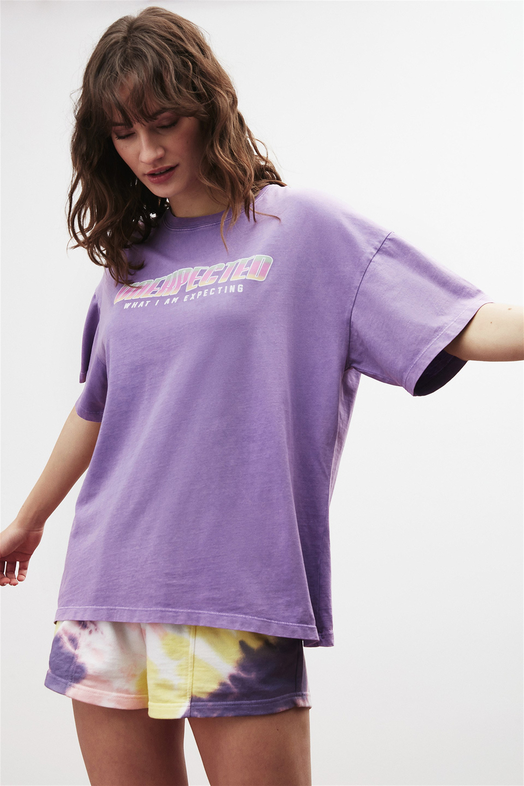 MARGO Kadın Mor Baskılı Yuvarlak Yaka Oversıze T-Shirt
