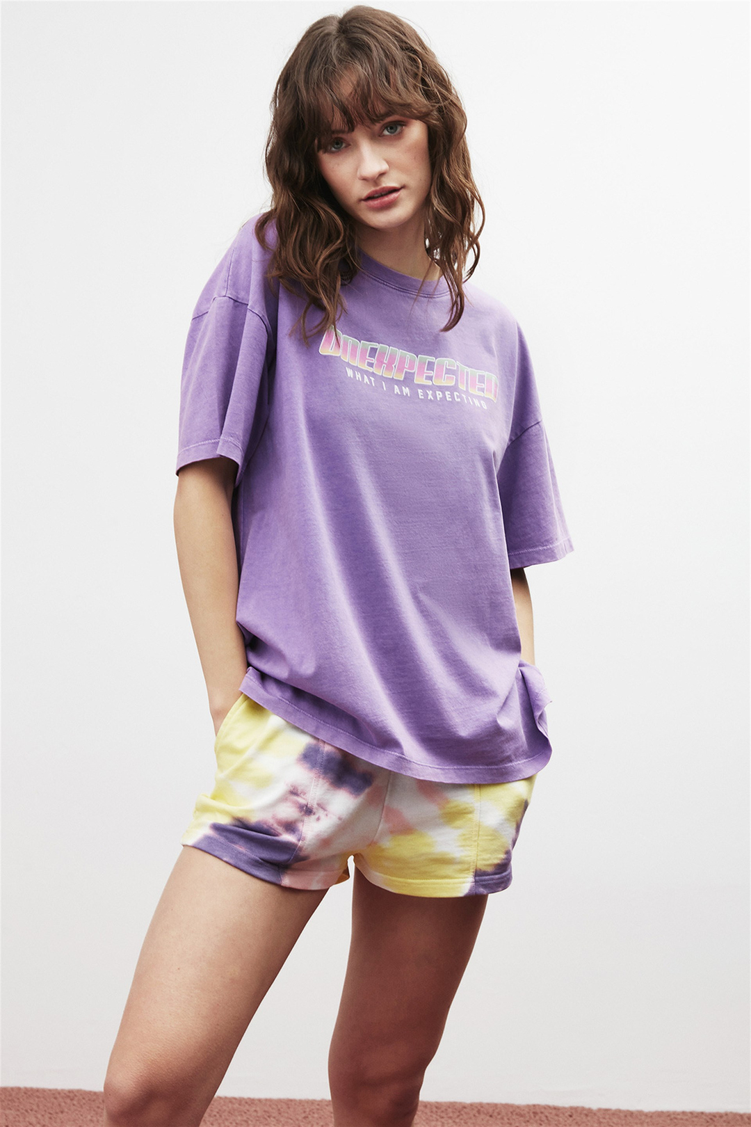 MARGO Kadın Mor Baskılı Yuvarlak Yaka Oversıze T-Shirt
