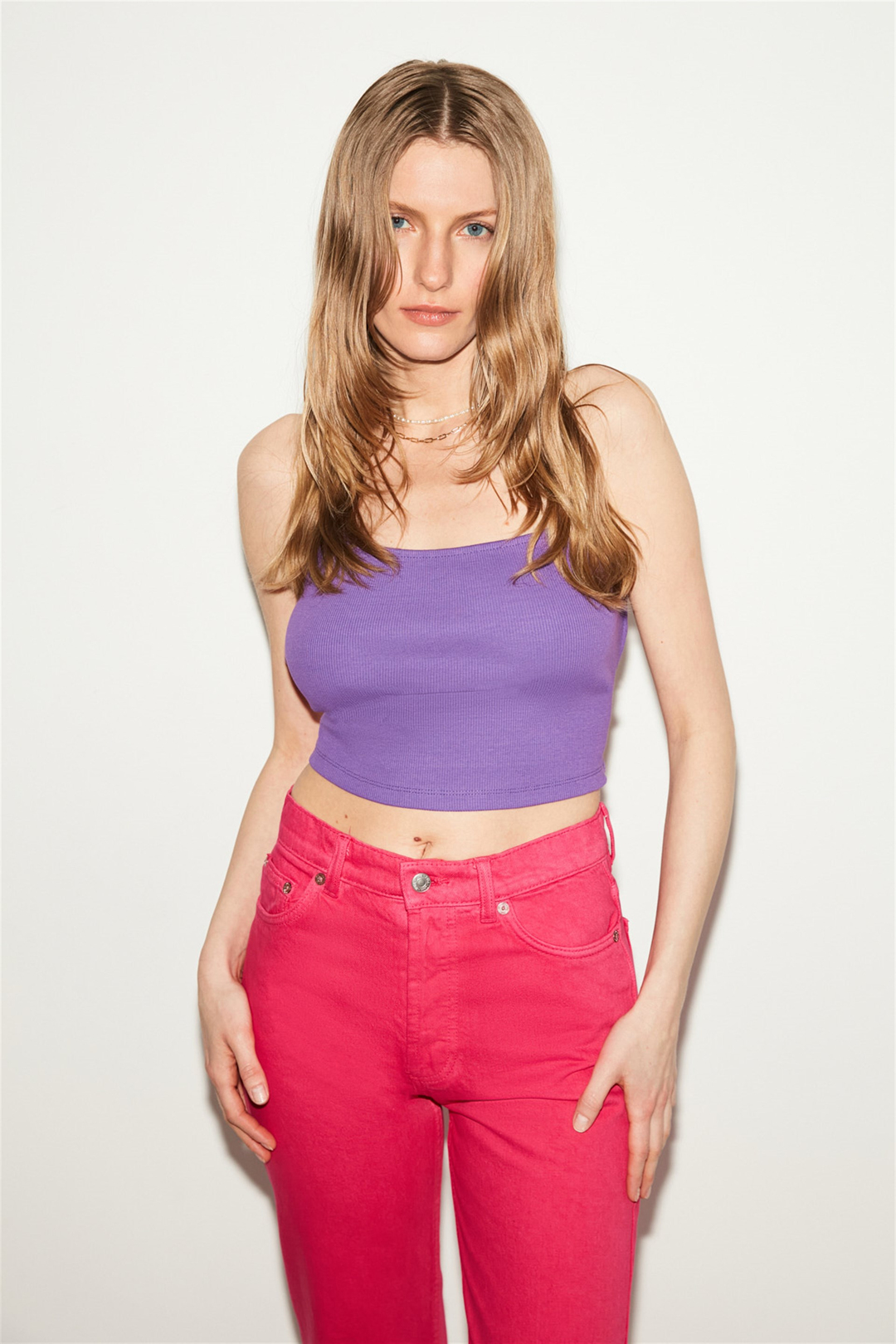 MARIGOLD Kadın Mor Düz Renk Kare Yaka Crop Fit Bluz
