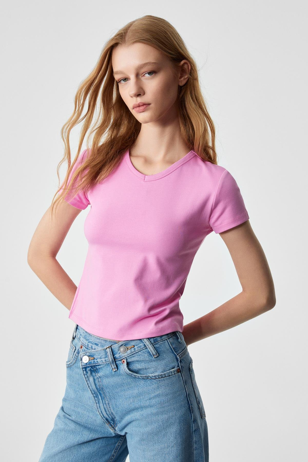 MASROUTI Kadın Slim Kısa V Yaka Kısa Kol Pembe T-Shirt