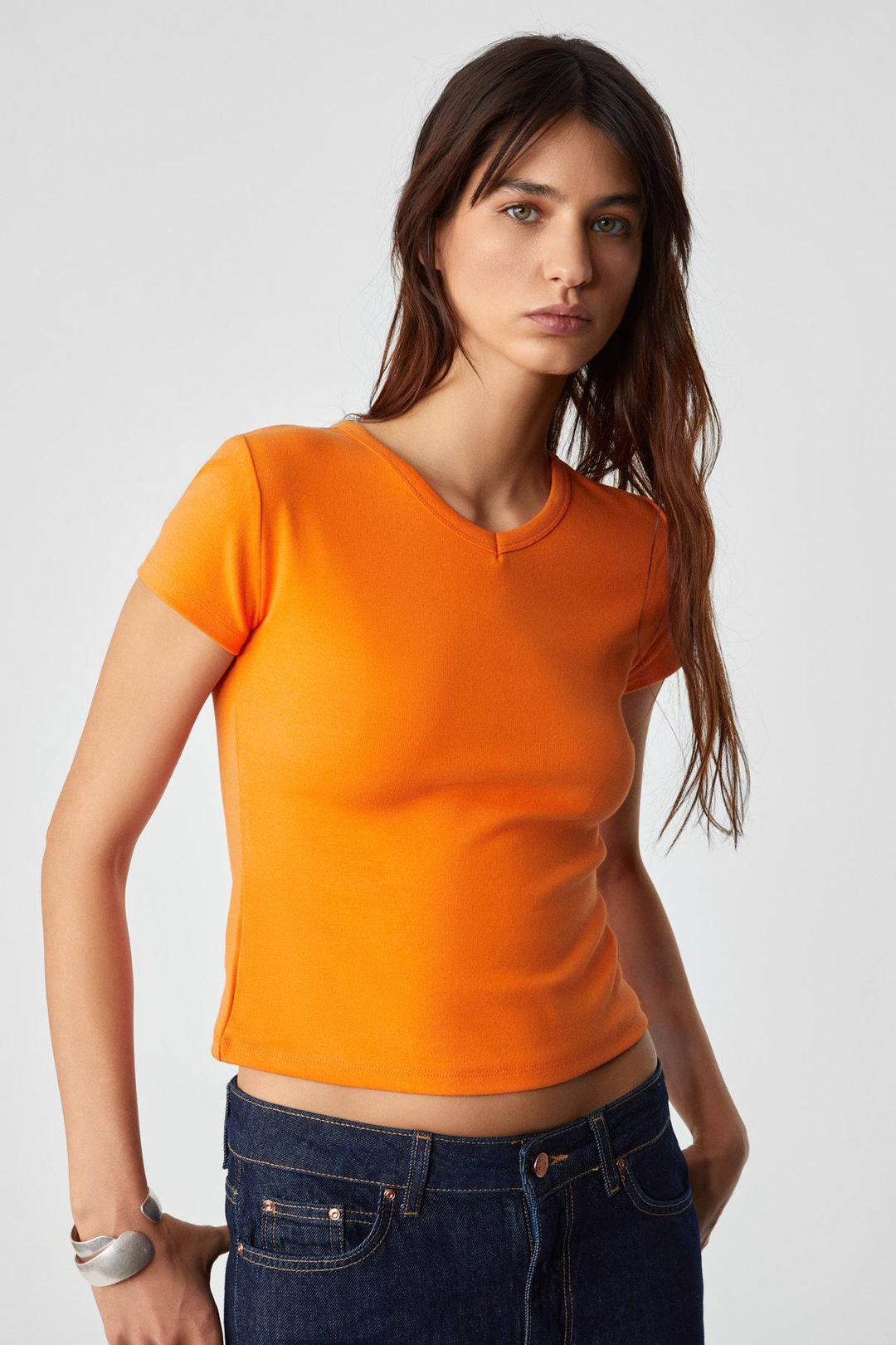 MASROUTI Kadın Slim Kısa V Yaka Kısa Kol Turuncu T-Shirt