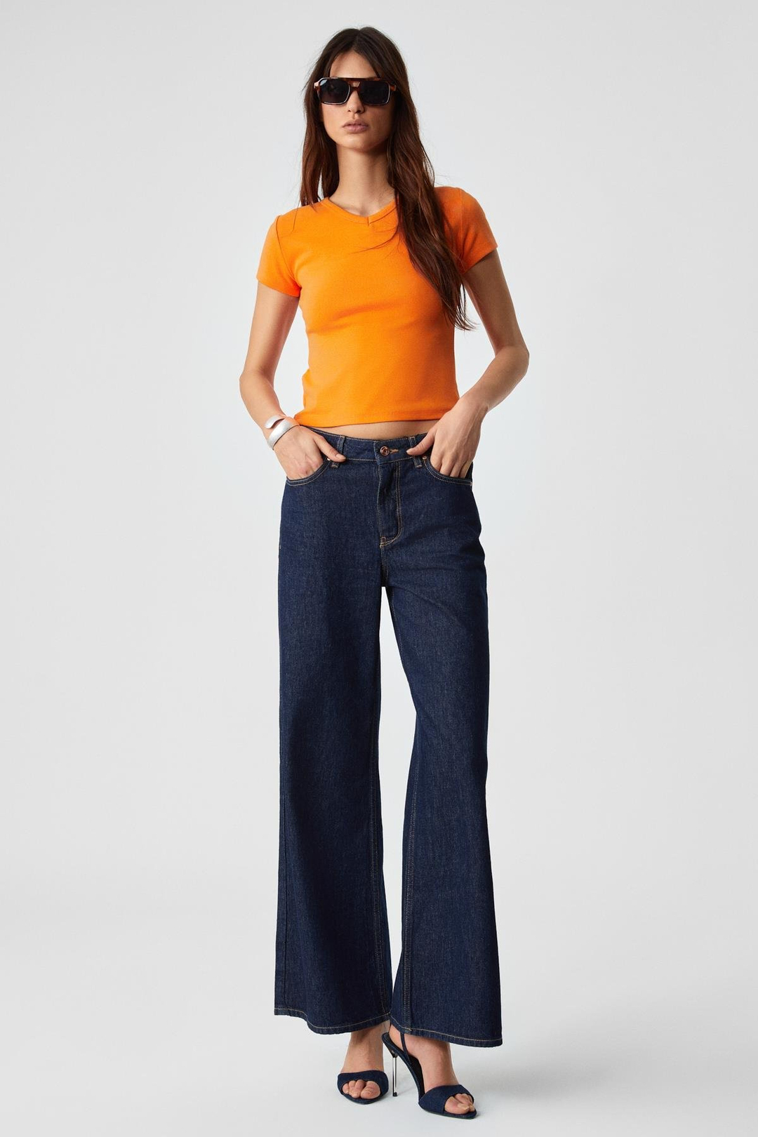 MASROUTI Kadın Slim Kısa V Yaka Kısa Kol Turuncu T-Shirt