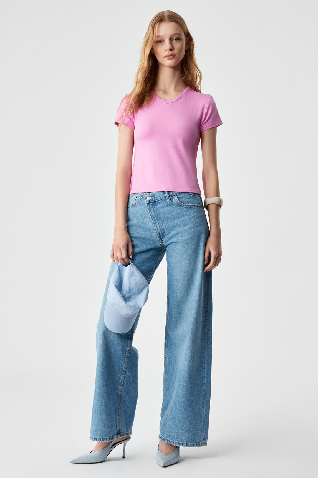 MASROUTI Kadın Slim Kısa V Yaka Kısa Kol Pembe T-Shirt