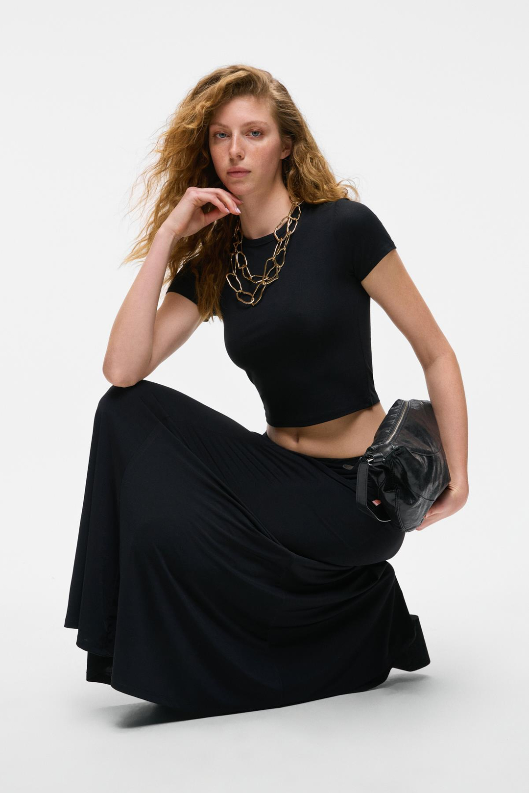 MIALTIH Kadın Uzun Büzgü Detay Regular Siyah Etek