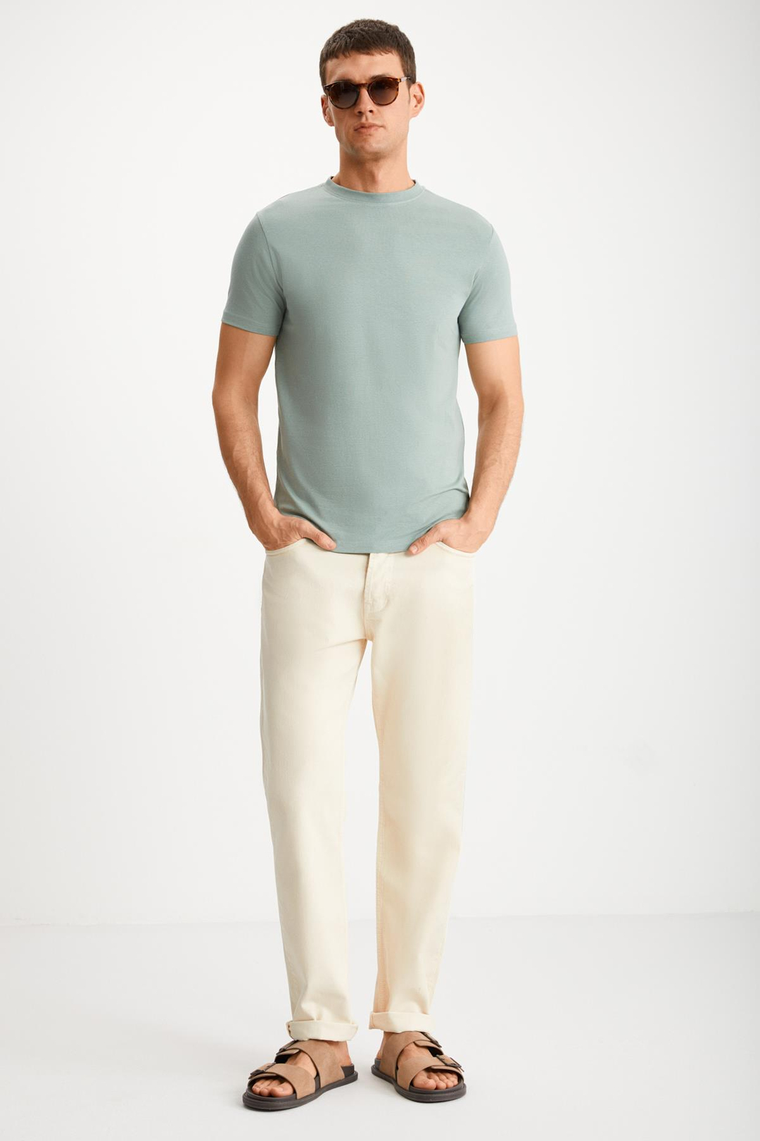 MICHEL Erkek Slim Fit Dar Kesim %100 Organik Pamuklu Yana Kayan Dikişli  Basic Örme Mint Yeşil T-Shirt