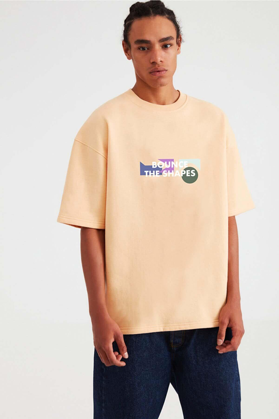MILENNIAL Erkek Oversize Fit %100 Pamuk Kalın Dokulu Baskılı Somon T-Shirt