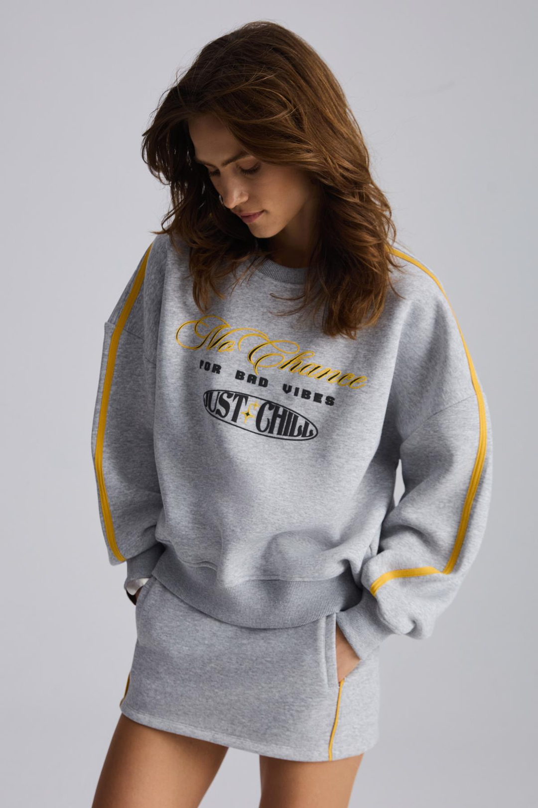 MIREILLE Kadın Baskılı 3 İplik Örme Organik Pamuk Regular Fit Grimelanj Sweatshirt