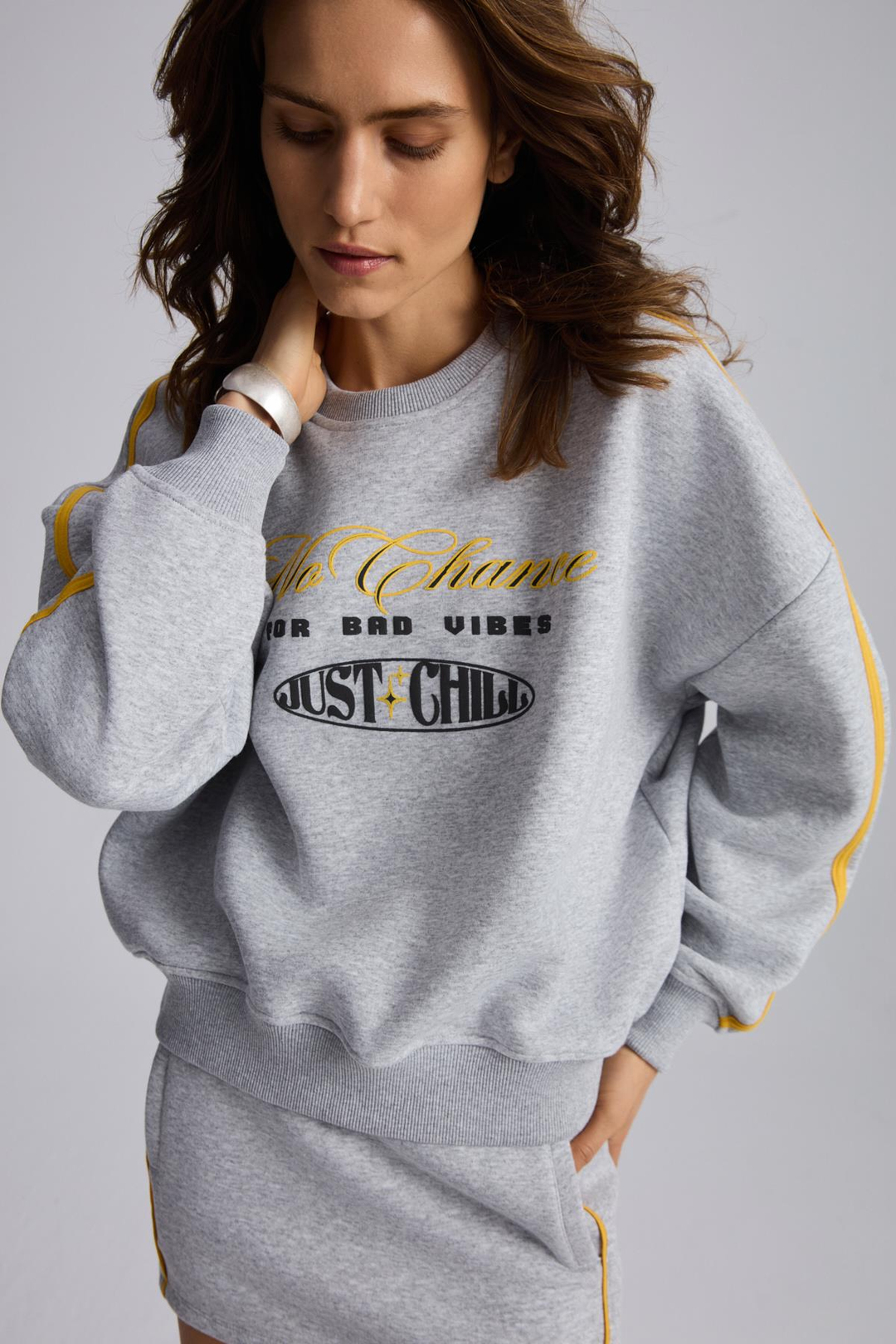 MIREILLE Kadın Baskılı 3 İplik Örme Organik Pamuk Regular Fit Grimelanj Sweatshirt
