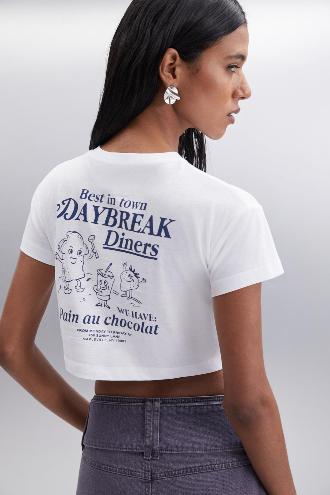 MORAN  Crop Beyaz - Lacivert Baskılı Tekli T-Shirt