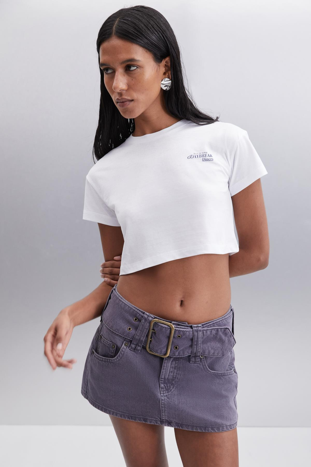 MORAN  Crop Beyaz - Lacivert Baskılı Tekli T-Shirt
