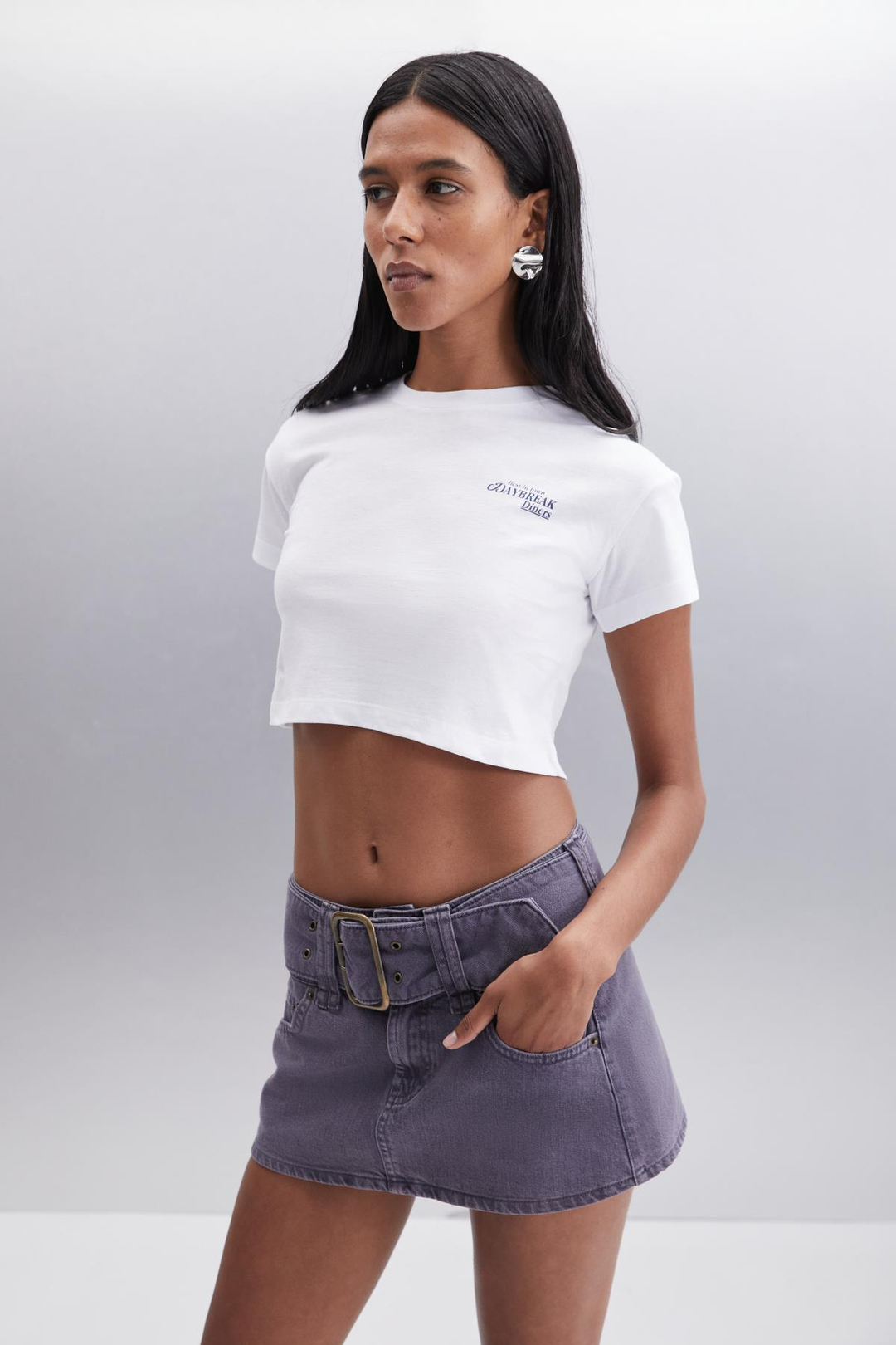 MORAN  Crop Beyaz - Lacivert Baskılı Tekli T-Shirt