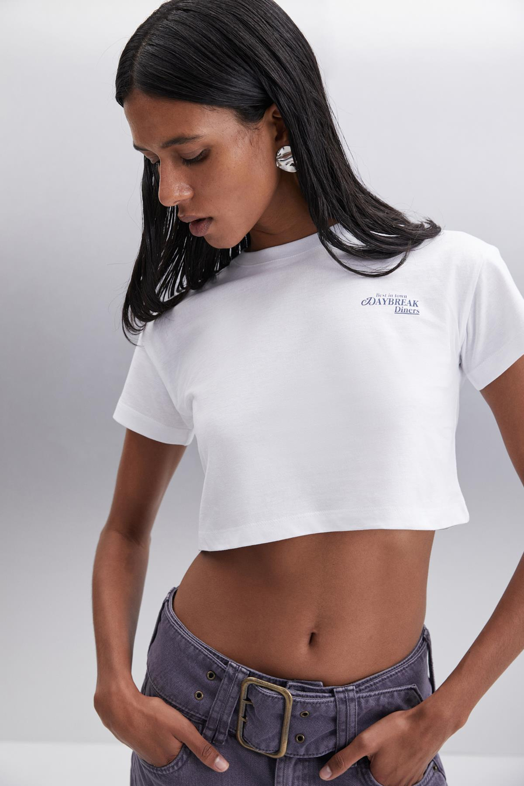 MORAN  Crop Beyaz - Lacivert Baskılı Tekli T-Shirt