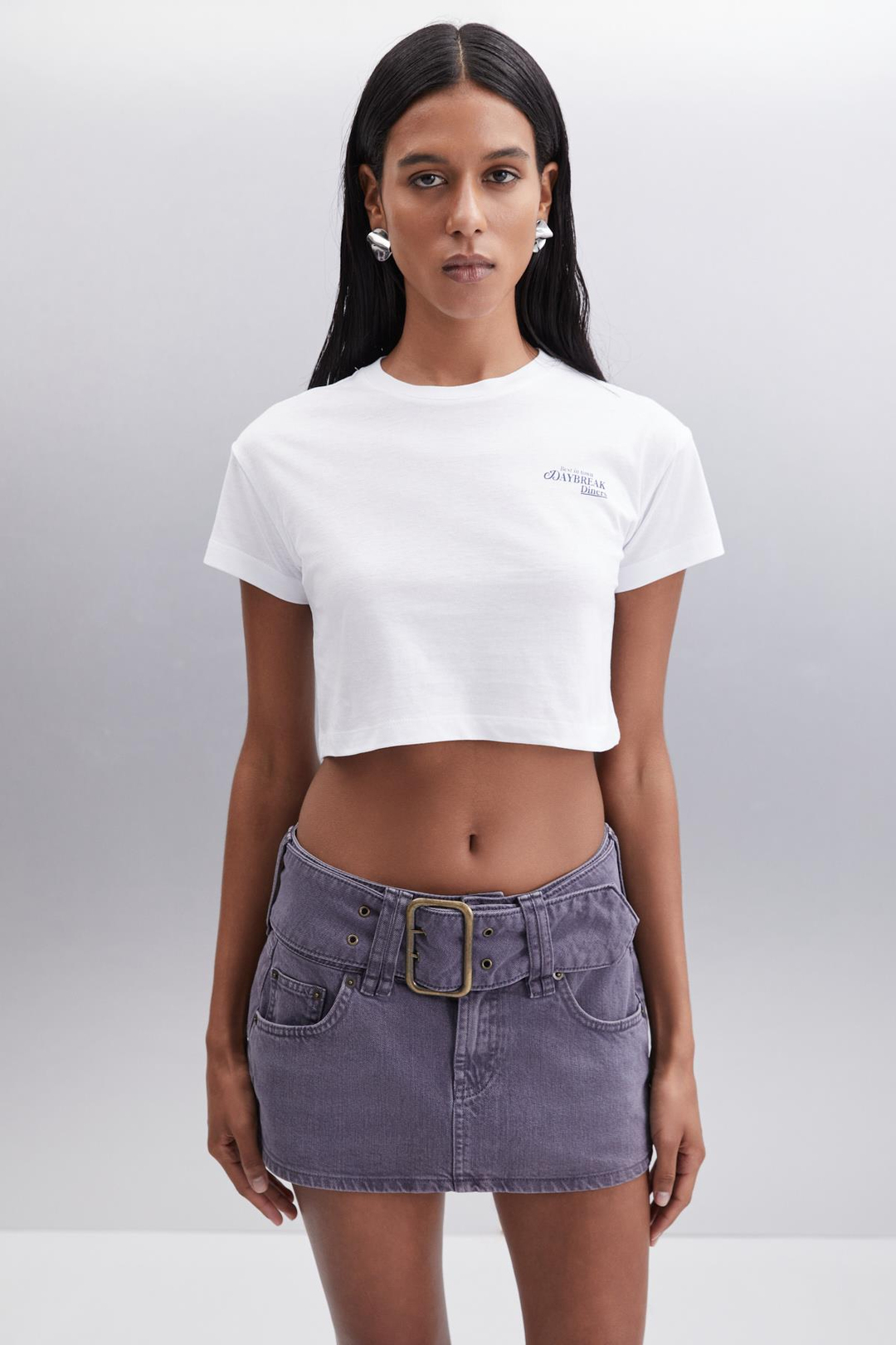 MORAN  Crop Beyaz - Lacivert Baskılı Tekli T-Shirt