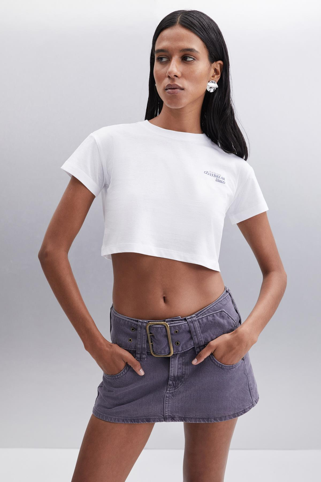MORAN  Crop Beyaz - Lacivert Baskılı Tekli T-Shirt