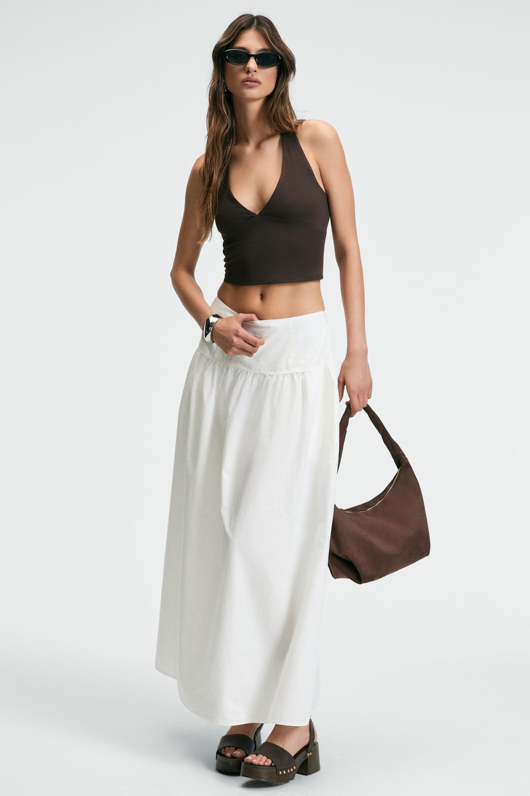 MORIENNE Kadın Halter Yaka Kalın Askılı Sırtı Açık Crop Kahverengi Bluz