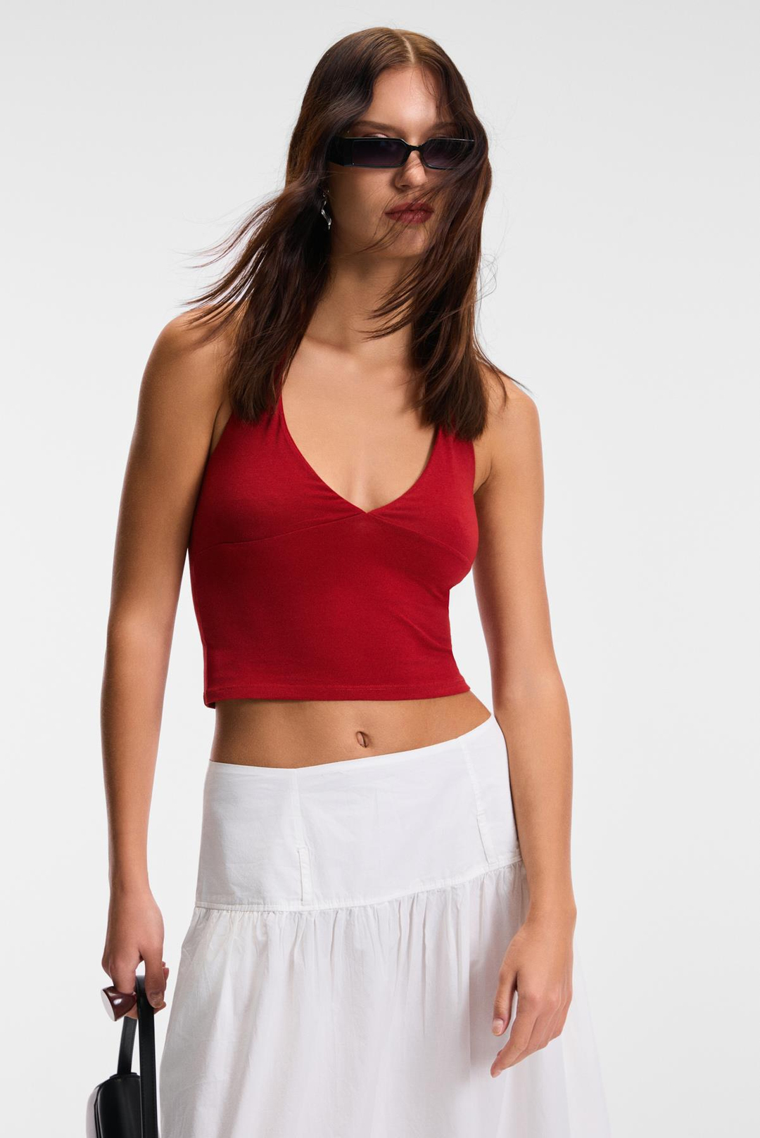 MORIENNE Kadın Halter Yaka Kalın Askılı Sırtı Açık Crop Kırmızı Bluz