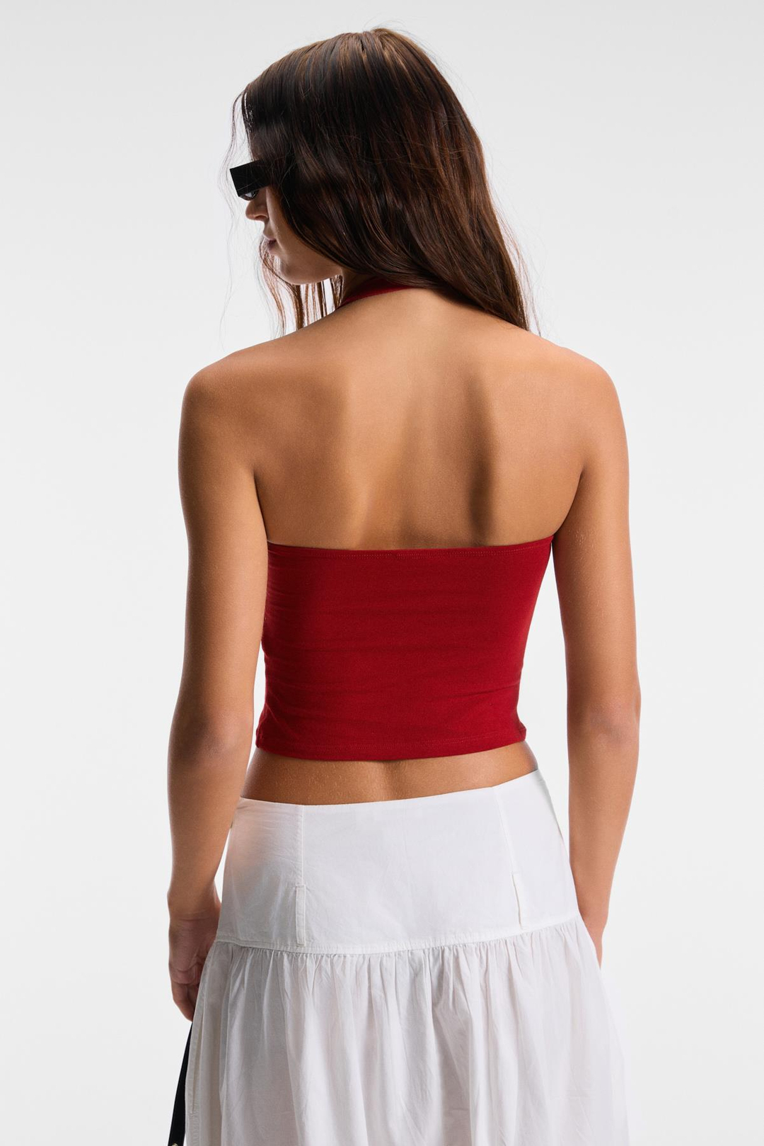 MORIENNE Kadın Halter Yaka Kalın Askılı Sırtı Açık Crop Kırmızı Bluz