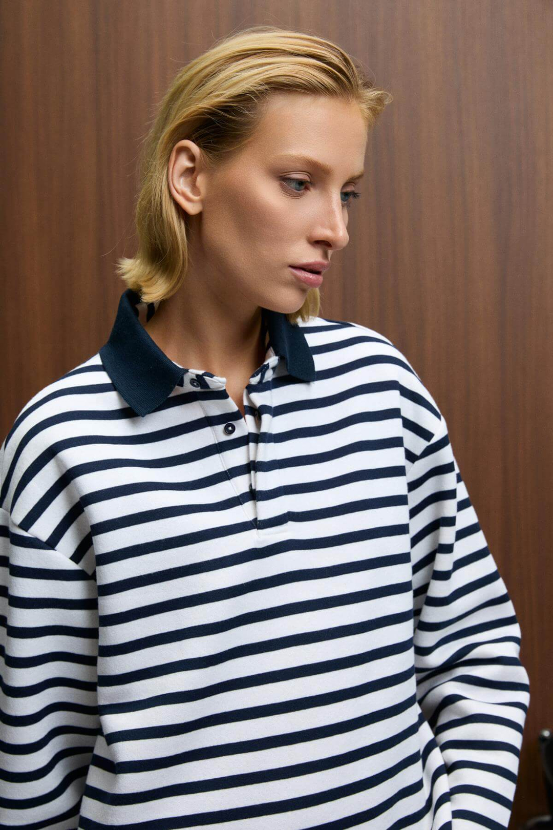 MUSE Kadın Çizgili Triko Polo Yakalı Regular Fit Lacivert Sweatshirt