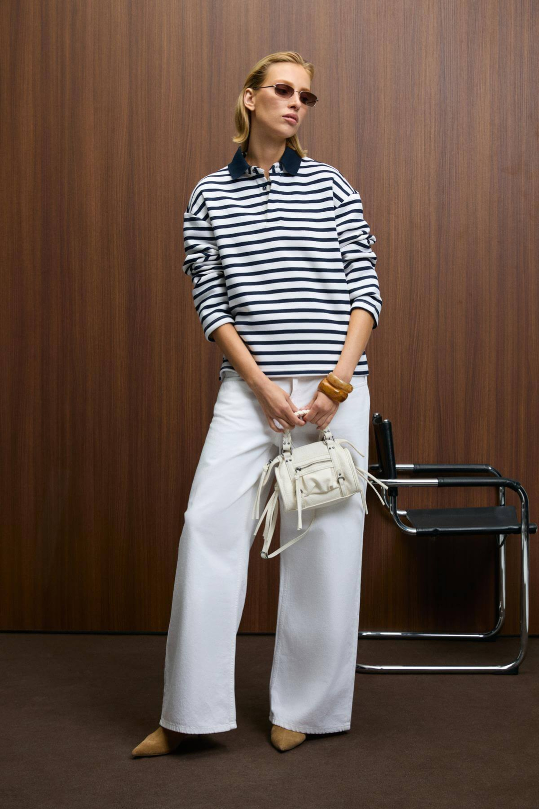 MUSE Kadın Çizgili Triko Polo Yakalı Regular Fit Lacivert Sweatshirt