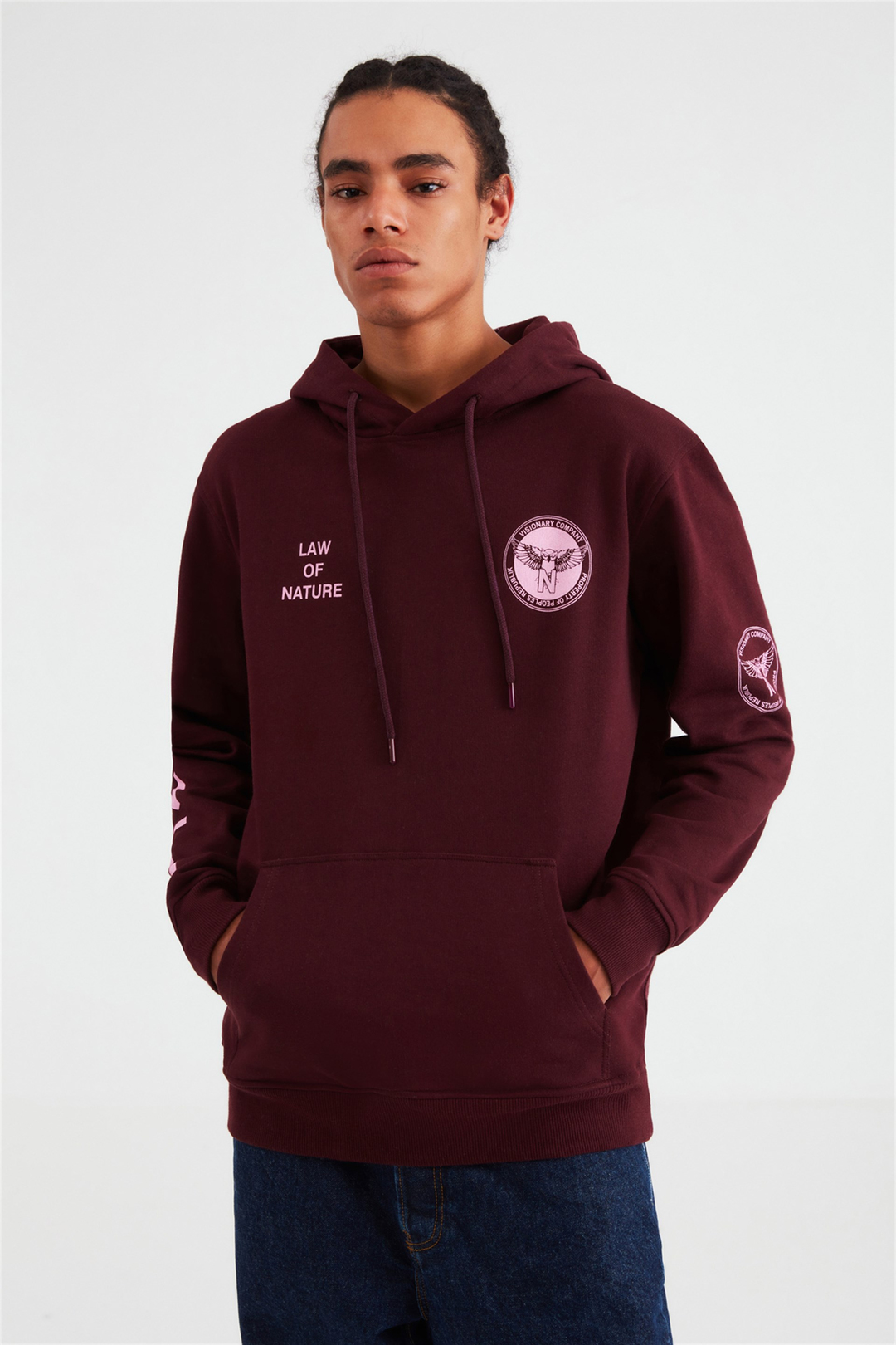 NARRATIVE Erkek Bordo Baskılı Kapüşonlu Comfort Fit Sweatshirt
