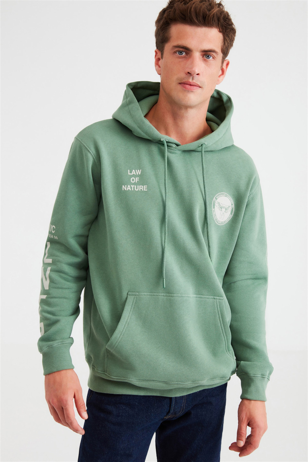 NARRATIVE Erkek Koyu Yeşil Baskılı Kapüşonlu Comfort Fit Sweatshirt