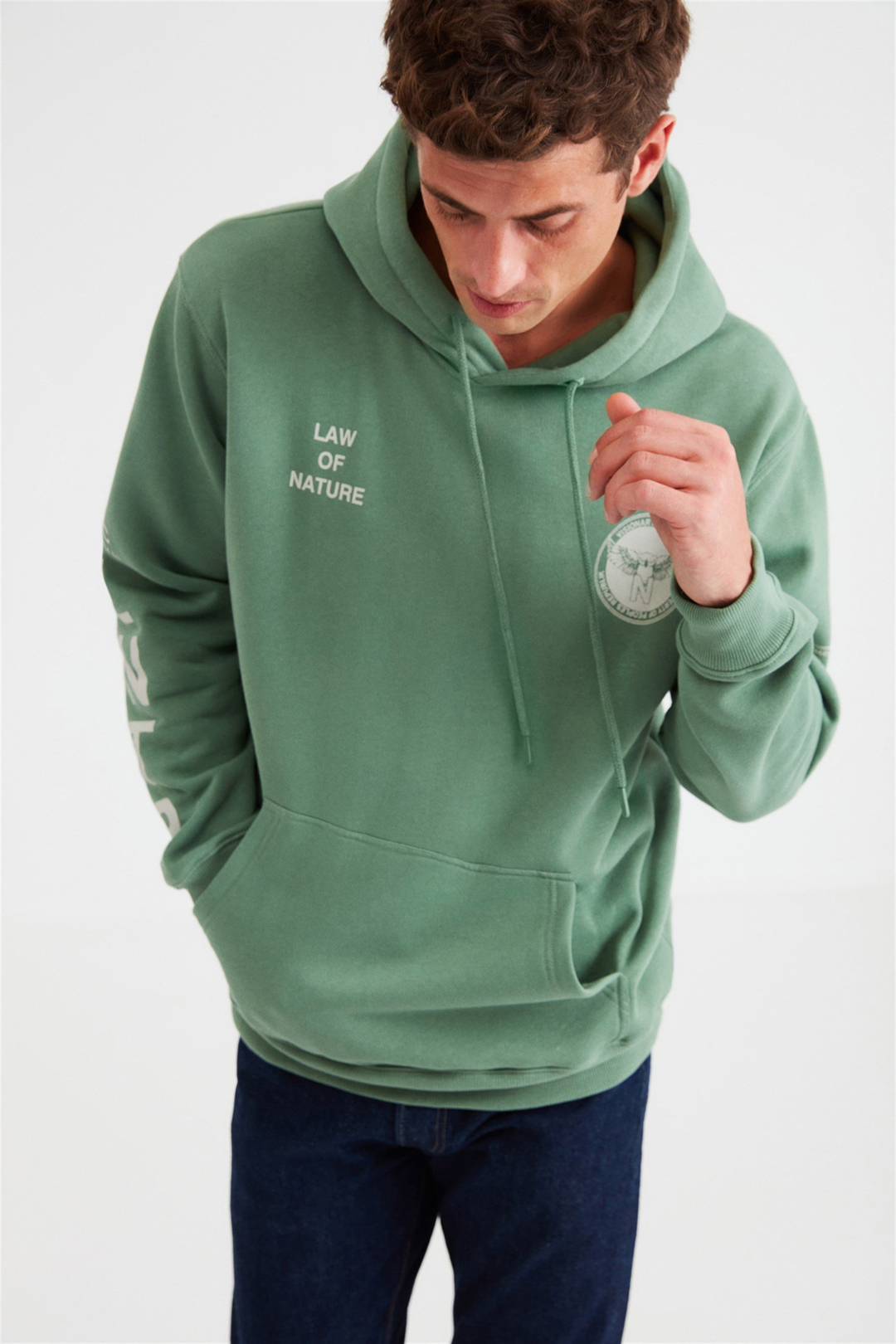 NARRATIVE Erkek Koyu Yeşil Baskılı Kapüşonlu Comfort Fit Sweatshirt