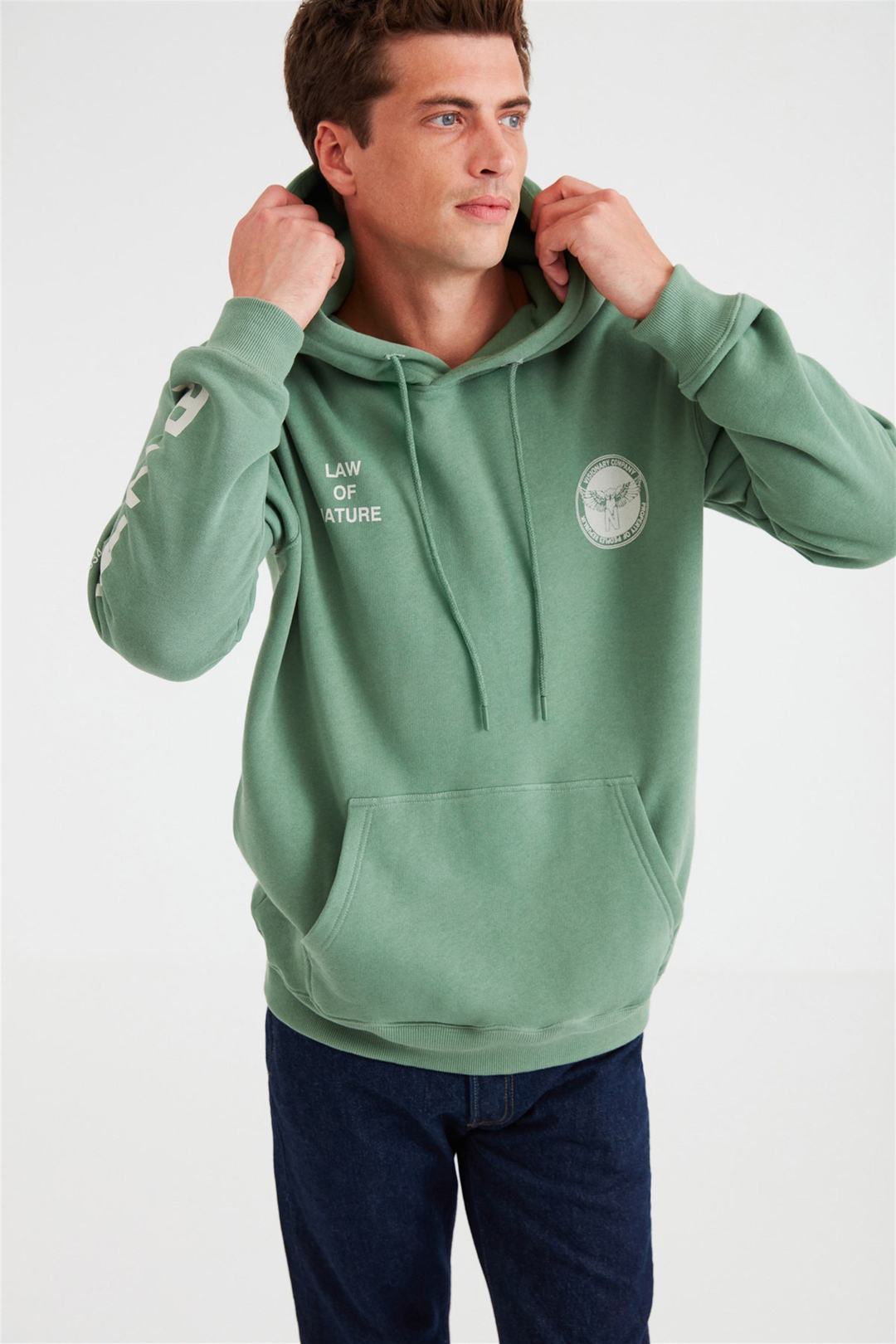 NARRATIVE Erkek Koyu Yeşil Baskılı Kapüşonlu Comfort Fit Sweatshirt