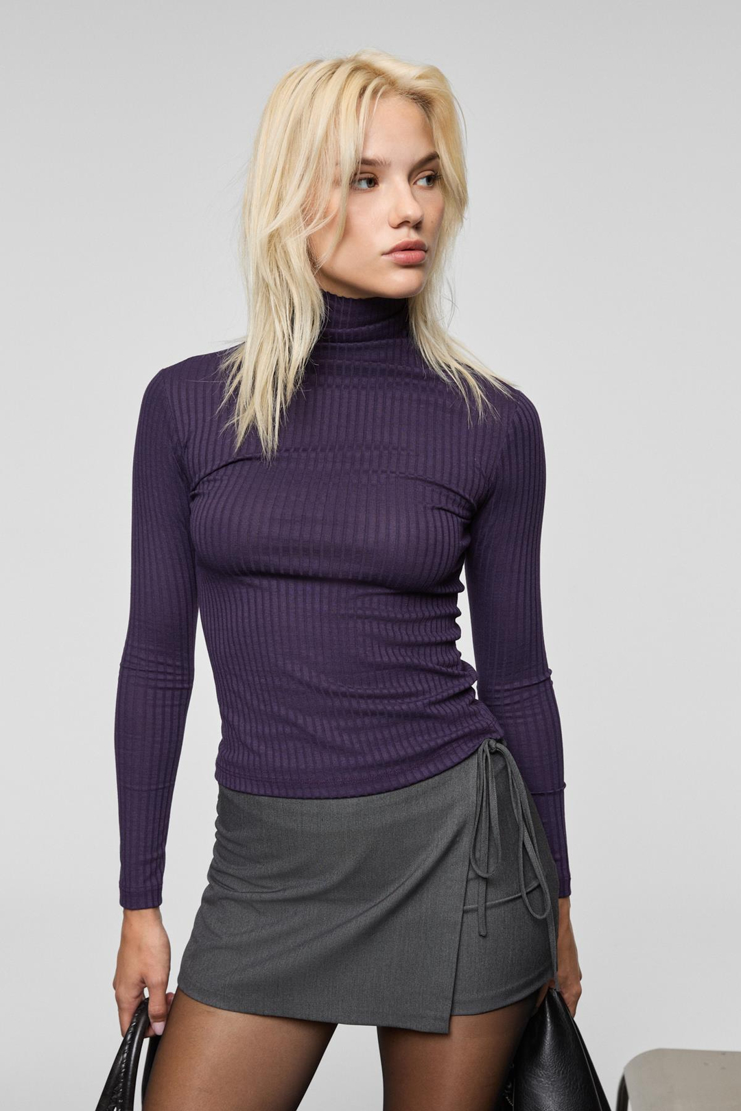 NELOURA Kadın Balıkçı Yaka Esnek Kumaşlı Mor Bluz