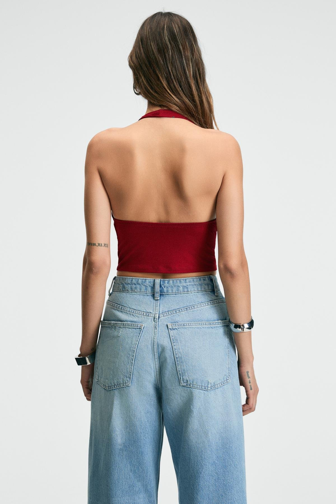 NESLIVA Kadın Degaje Halter Yaka Kalın Askılı Sırtı Açık Crop Kırmızı Bluz