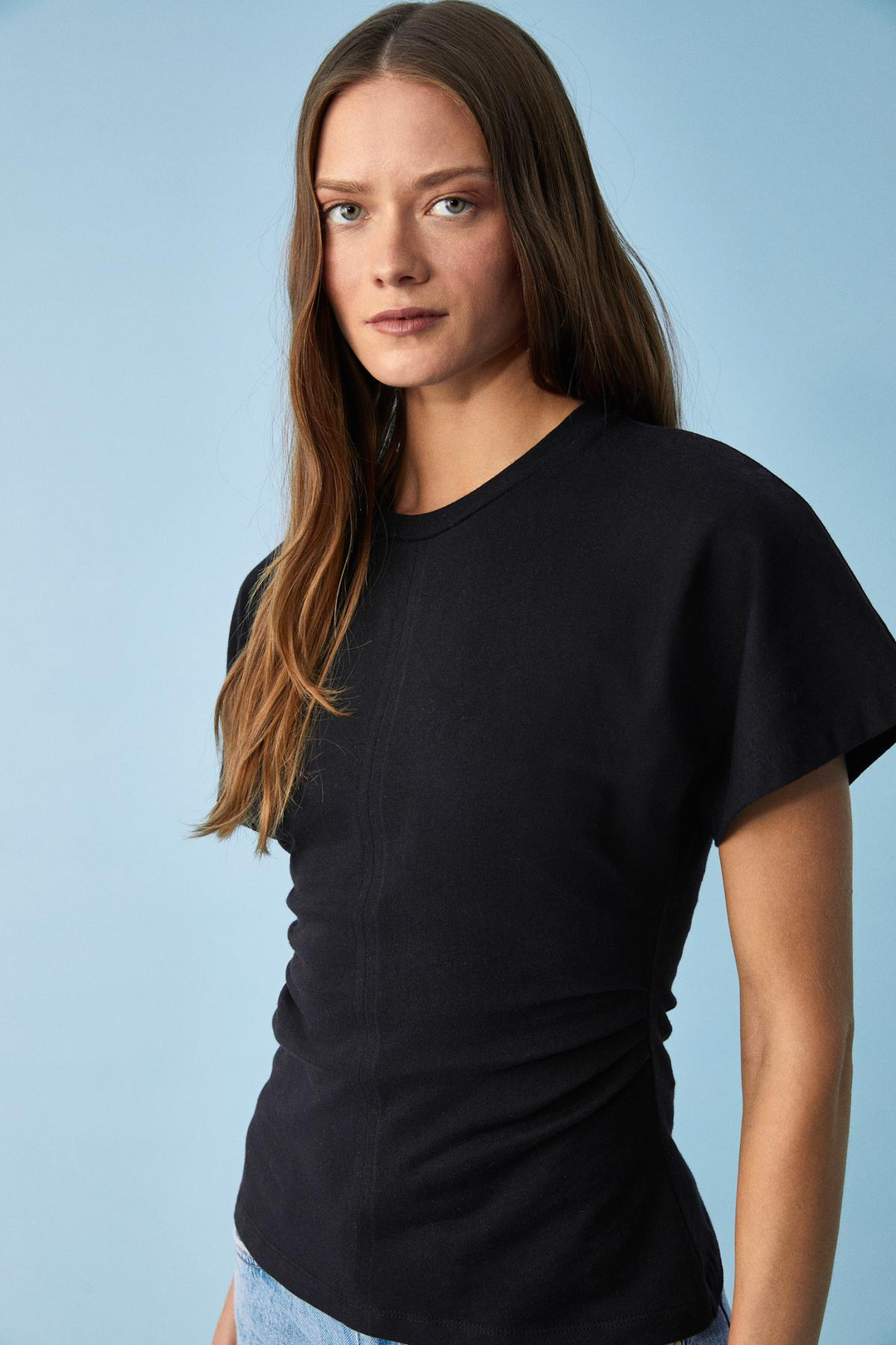 NEXUS Kadın Regular Bisiklet Yaka Büzgü Siyah T-Shirt