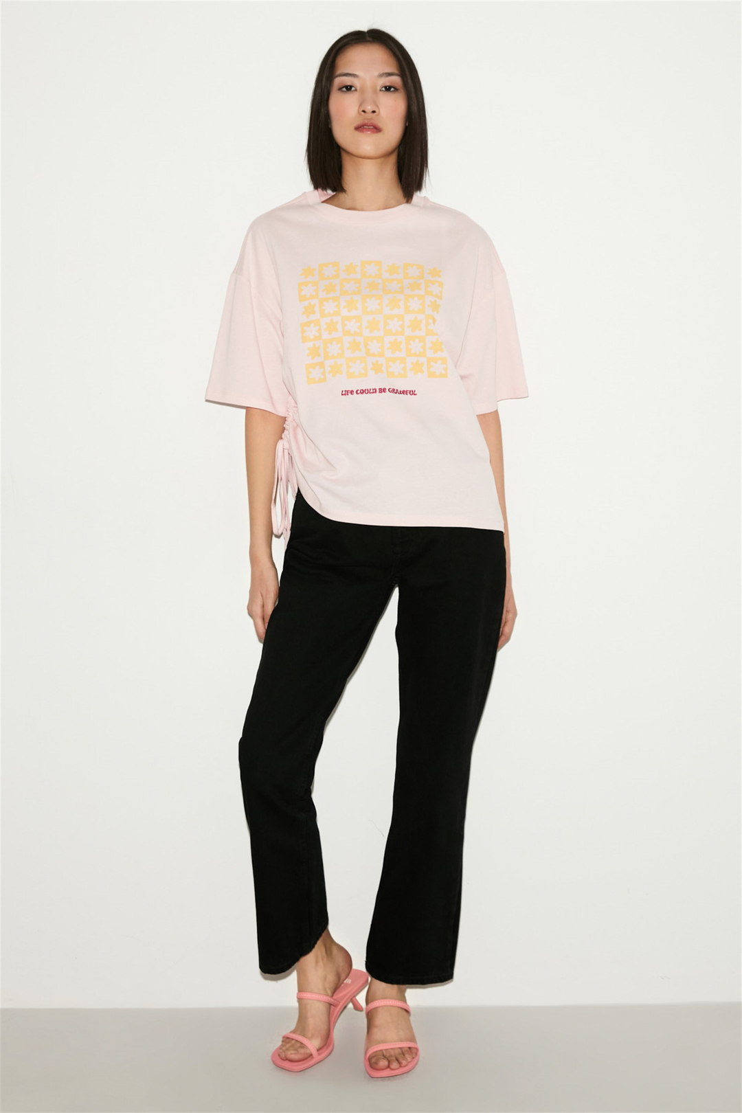 NORI Kadın Pembe Baskılı Yuvarlak Yaka Comfort Fit T-Shirt