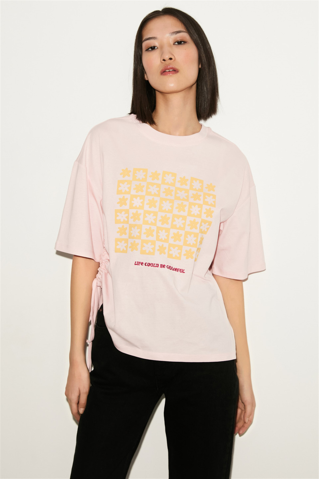 NORI Kadın Pembe Baskılı Yuvarlak Yaka Comfort Fit T-Shirt