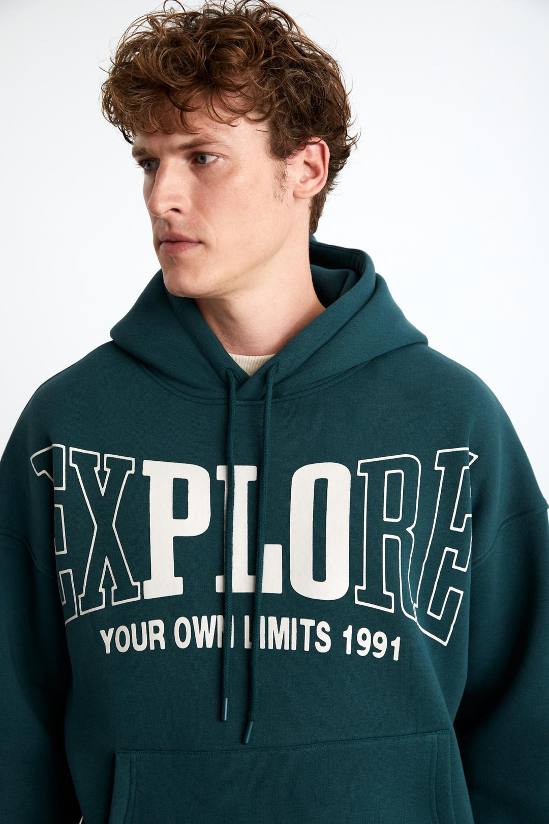OKSAKA Erkek Oversize Fit Önü Baskılı Kapüşonlu Kordon Detaylı Kanguru Cepli Yeşil Sweatshirt