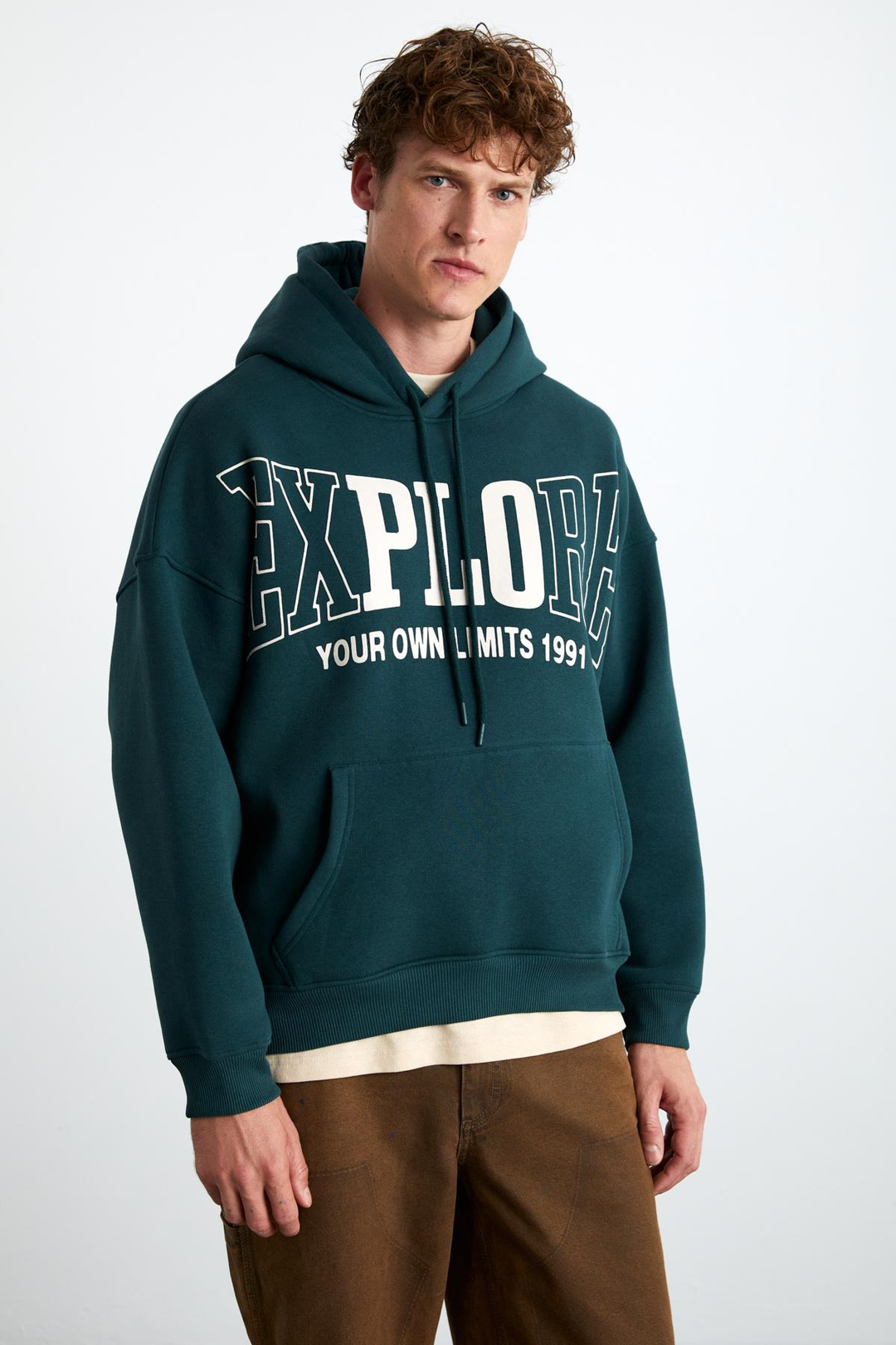 OKSAKA Erkek Oversize Fit Önü Baskılı Kapüşonlu Kordon Detaylı Kanguru Cepli Yeşil Sweatshirt