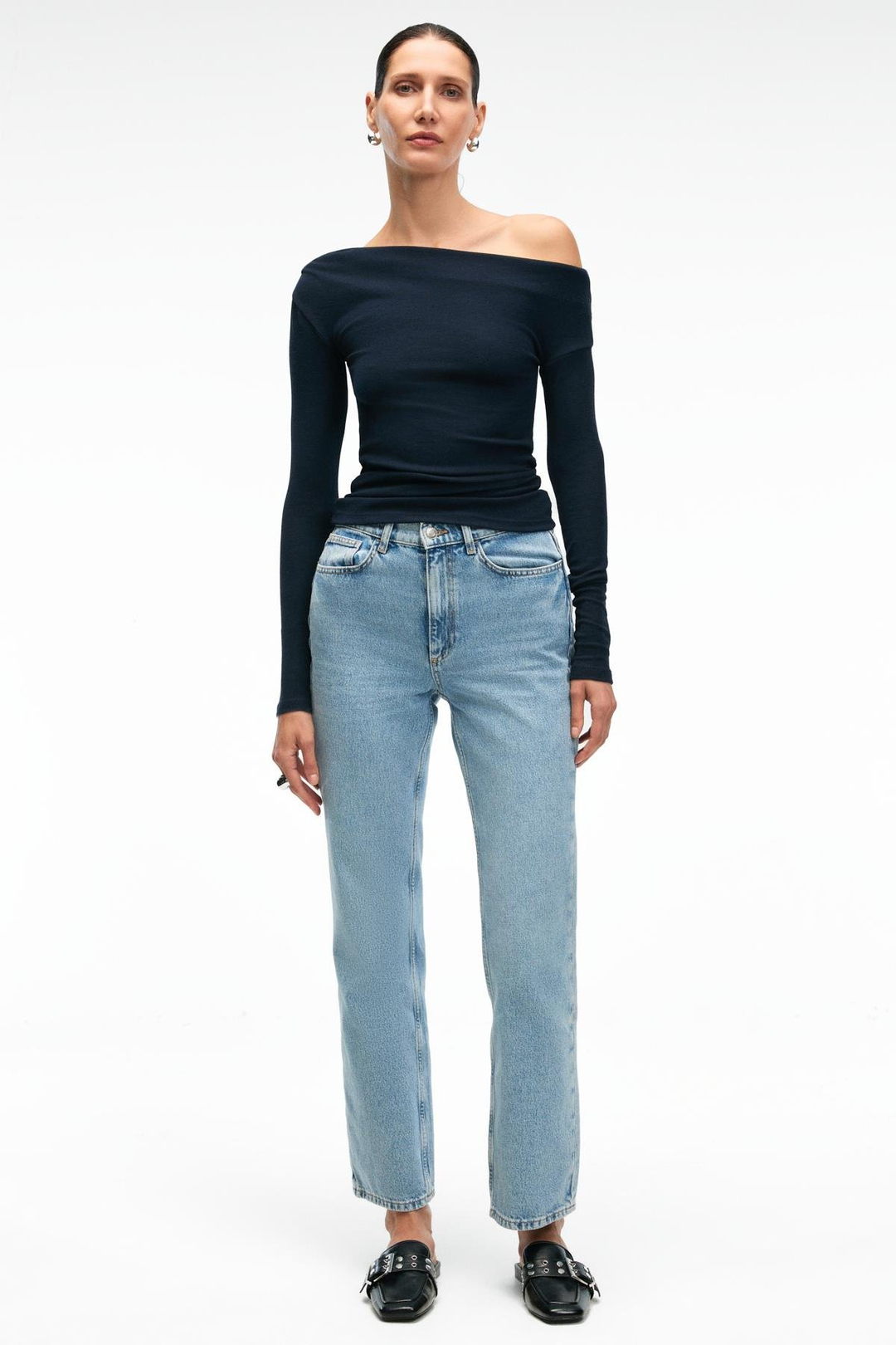 OLIVIENN Kadın Omuzu Açık Asimetrik Yakalı Uzun Kollu Slim Fit Lacivert Bluz