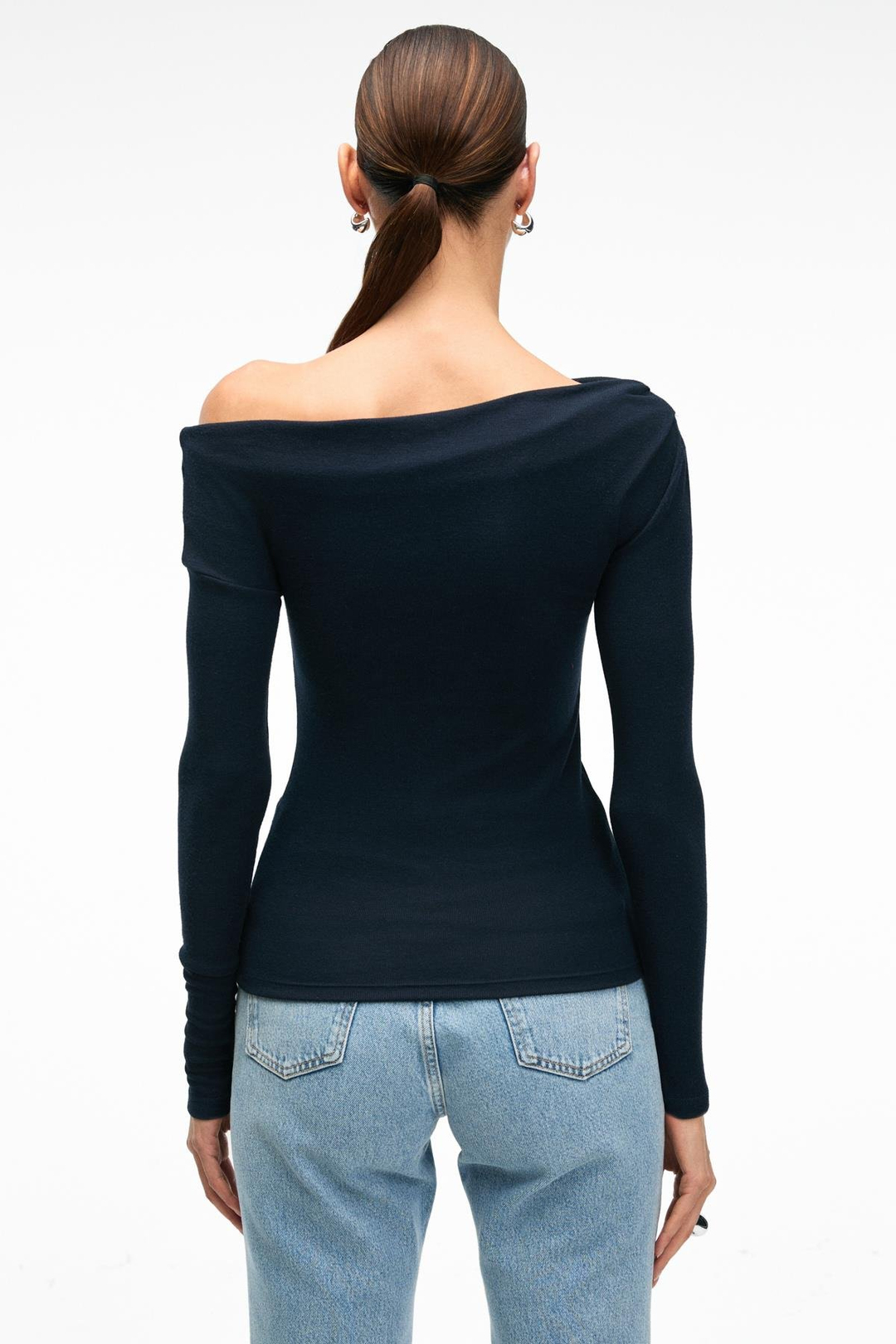 OLIVIENN Kadın Omuzu Açık Asimetrik Yakalı Uzun Kollu Slim Fit Lacivert Bluz