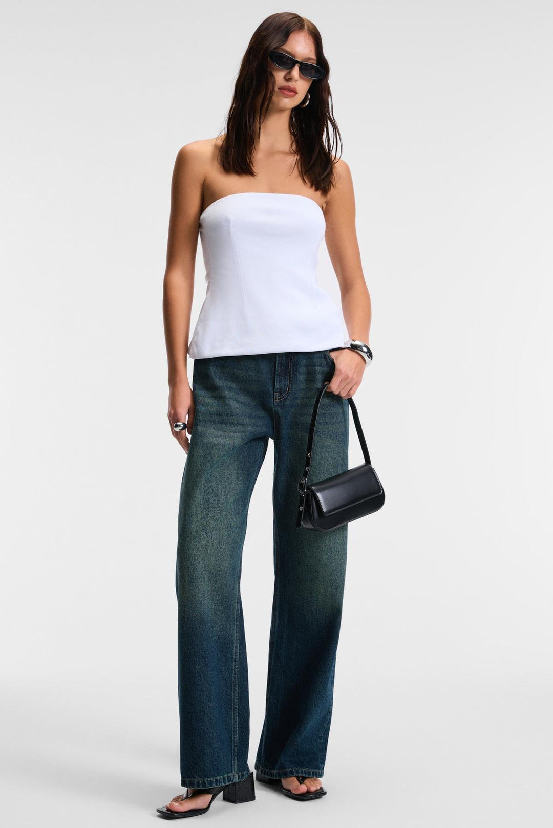 ORIANA Kadın Slim Fit Straplez Beyaz Bluz