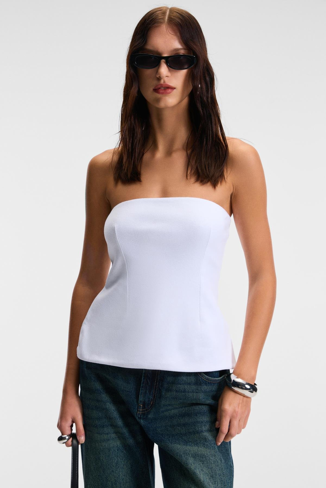 ORIANA Kadın Slim Fit Straplez Beyaz Bluz