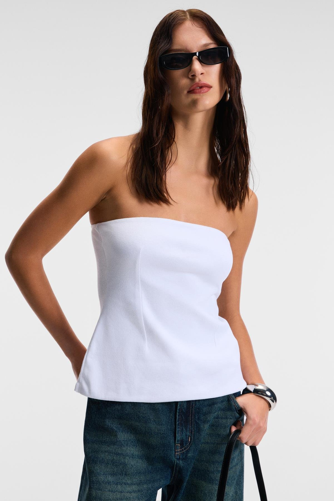 ORIANA Kadın Slim Fit Straplez Beyaz Bluz