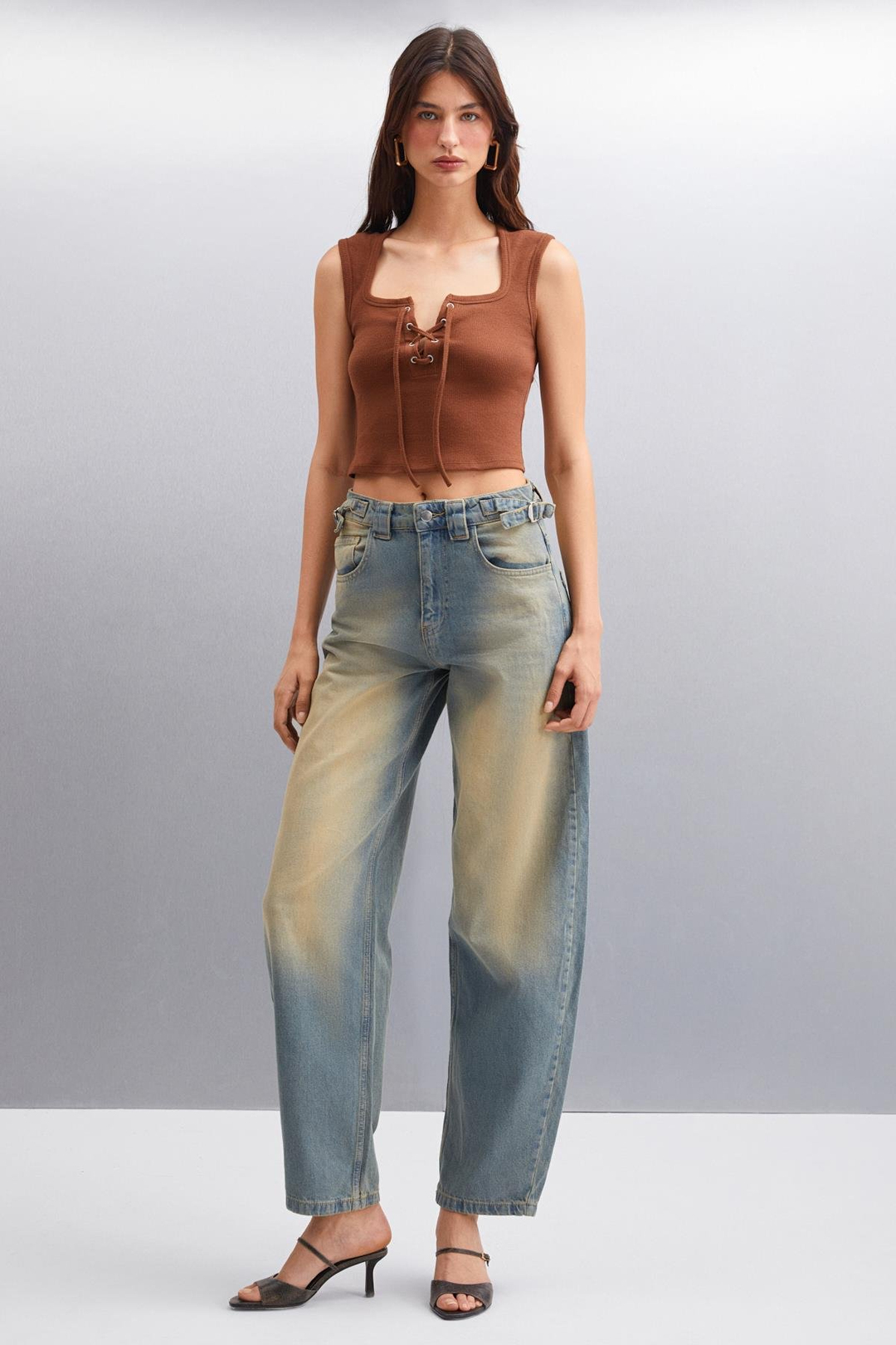PAOLINA Crop Crop Kahverengi Tekli Bluz