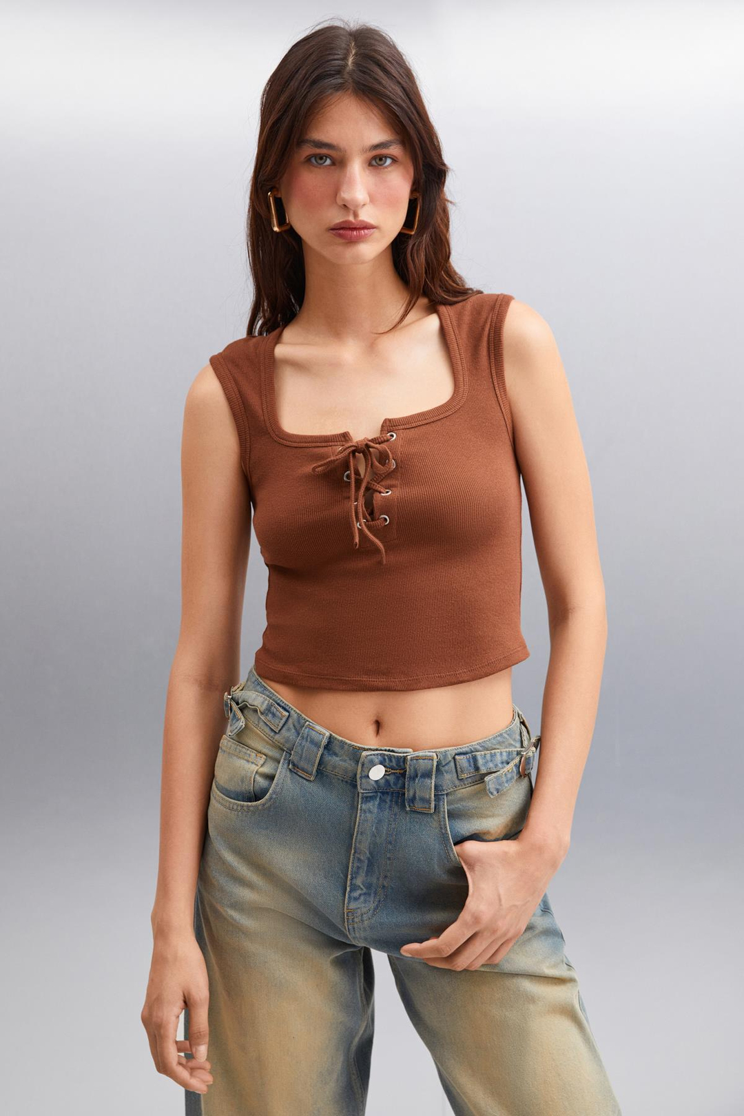 PAOLINA Crop Crop Kahverengi Tekli Bluz