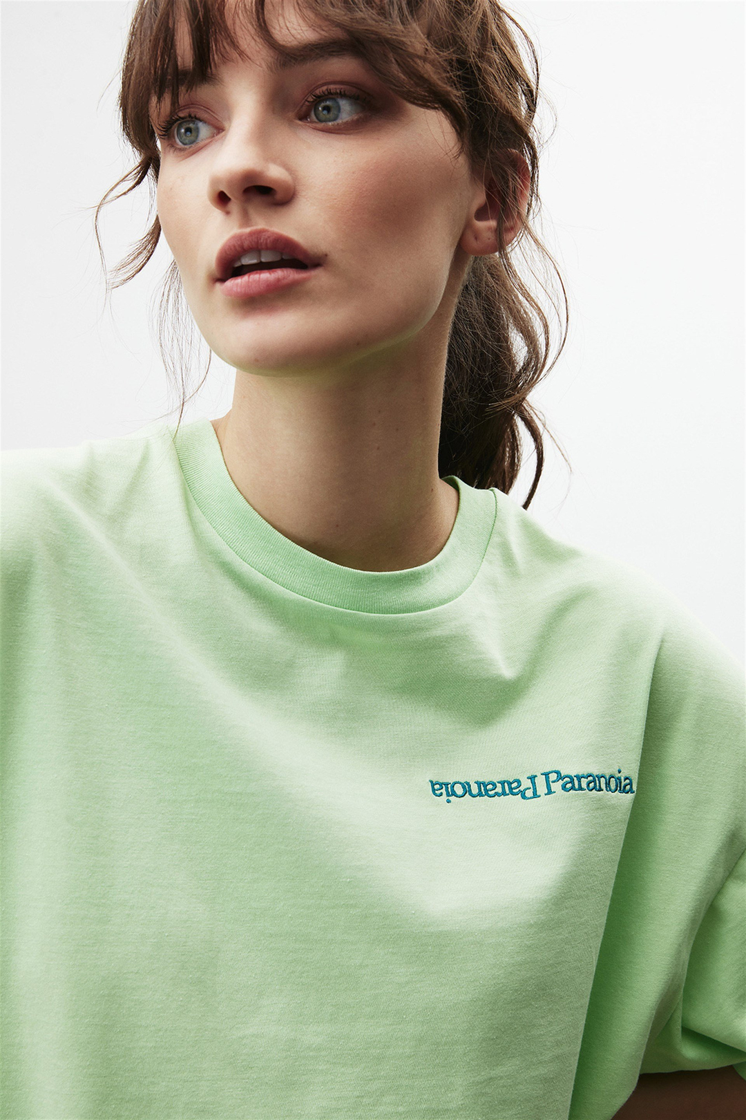 PARANOIA Kadın Yeşil Nakışlı-İşlemeli Yuvarlak Yaka Oversize T-Shirt