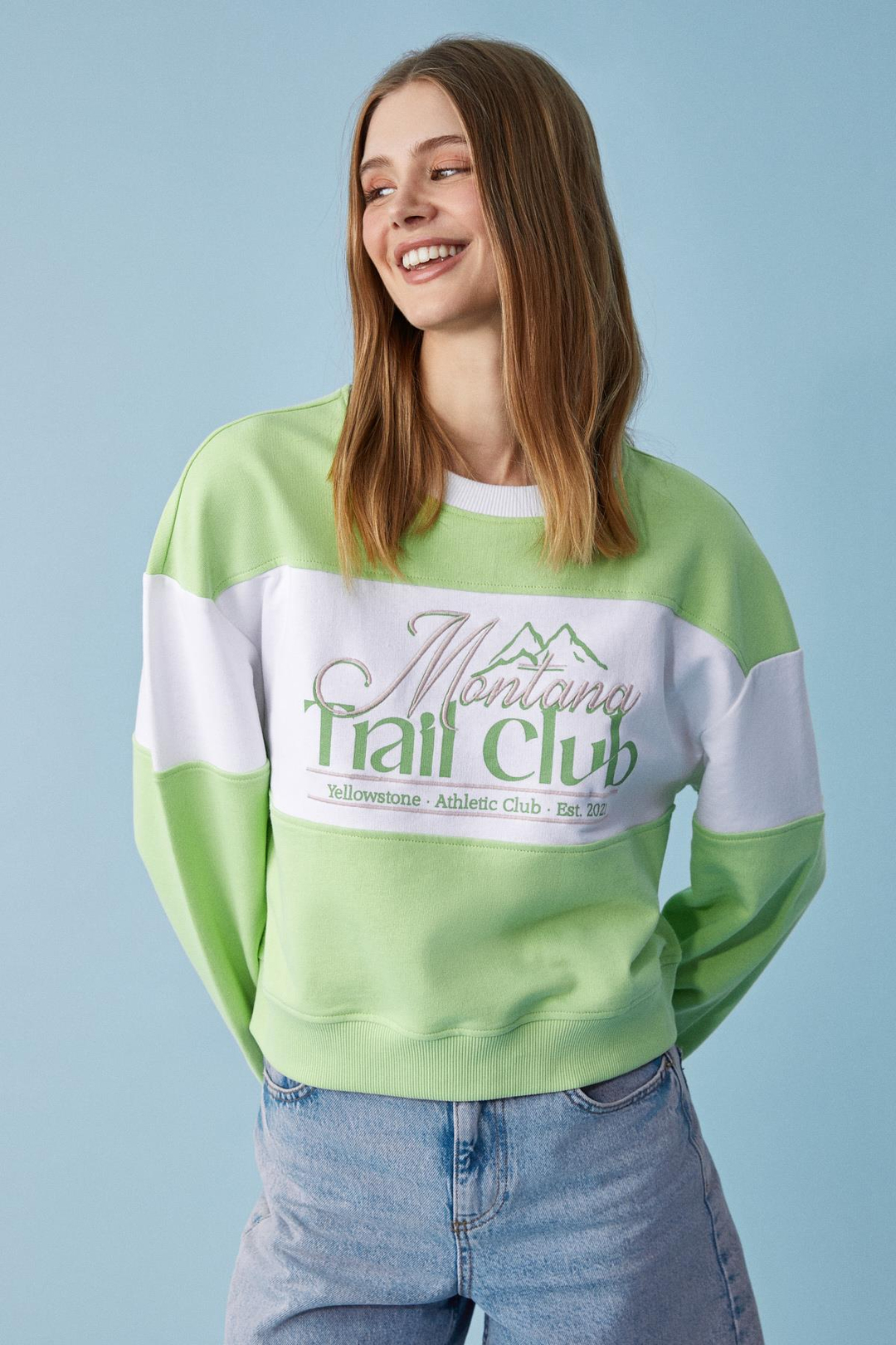 PAYNE Kadın Bisiklet Yaka Oversize Beyaz - Fıstık Yeşili Sweatshirt