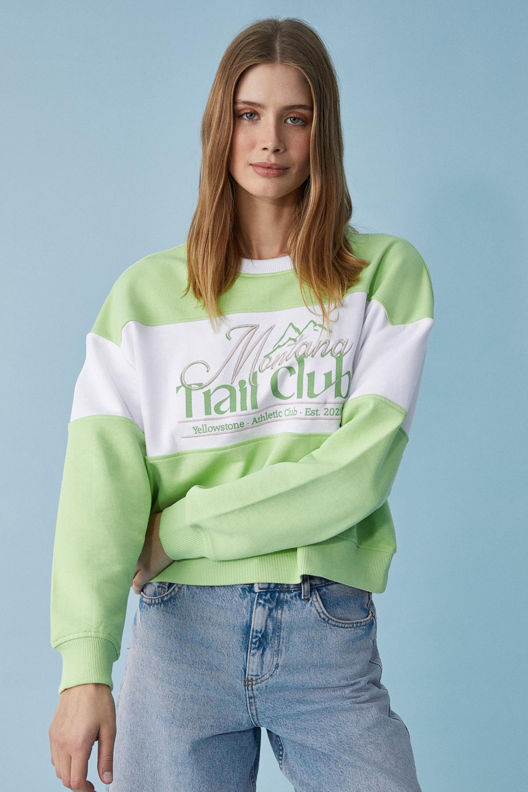 PAYNE Kadın Bisiklet Yaka Oversize Beyaz - Fıstık Yeşili Sweatshirt