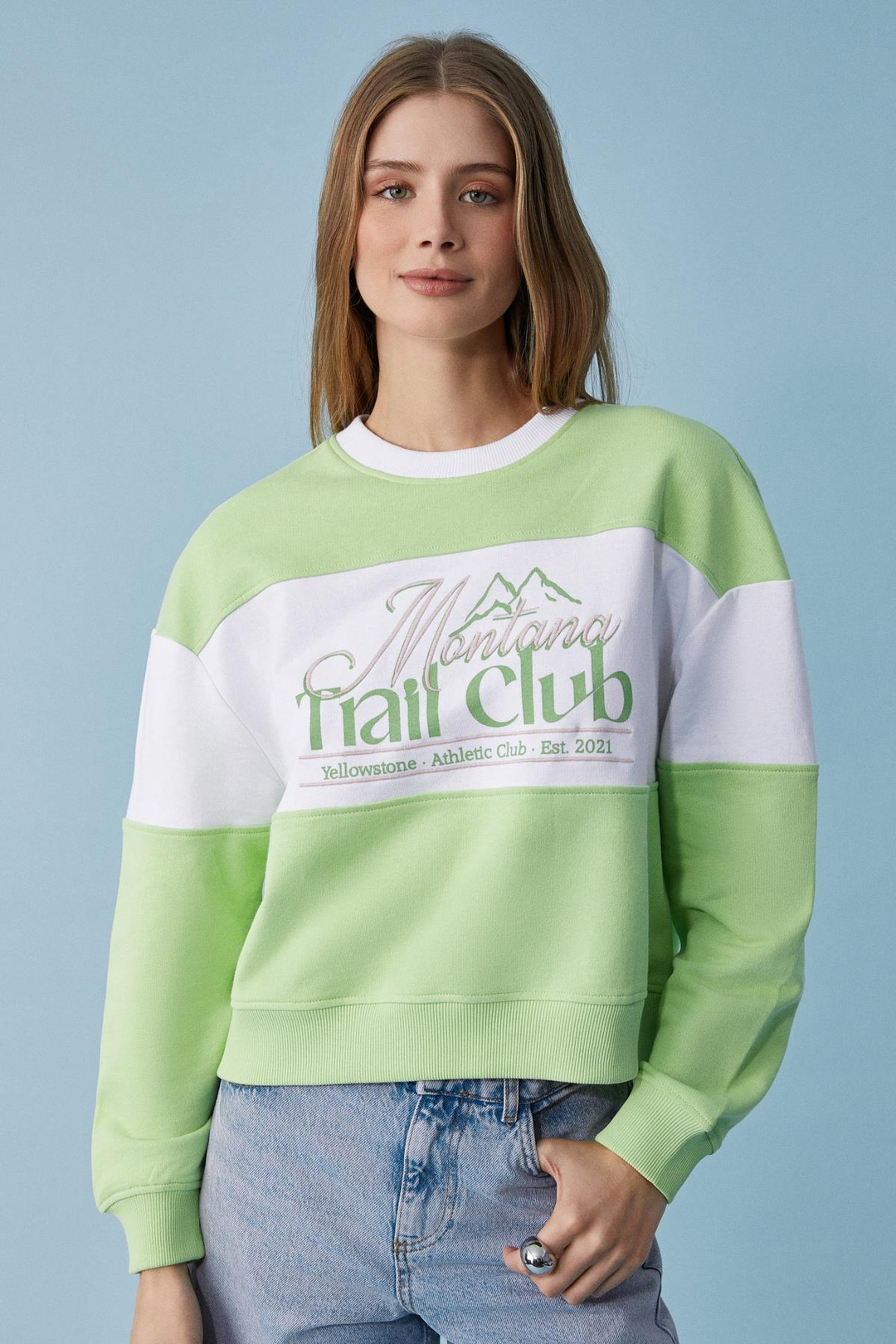 PAYNE Kadın Bisiklet Yaka Oversize Beyaz - Fıstık Yeşili Sweatshirt