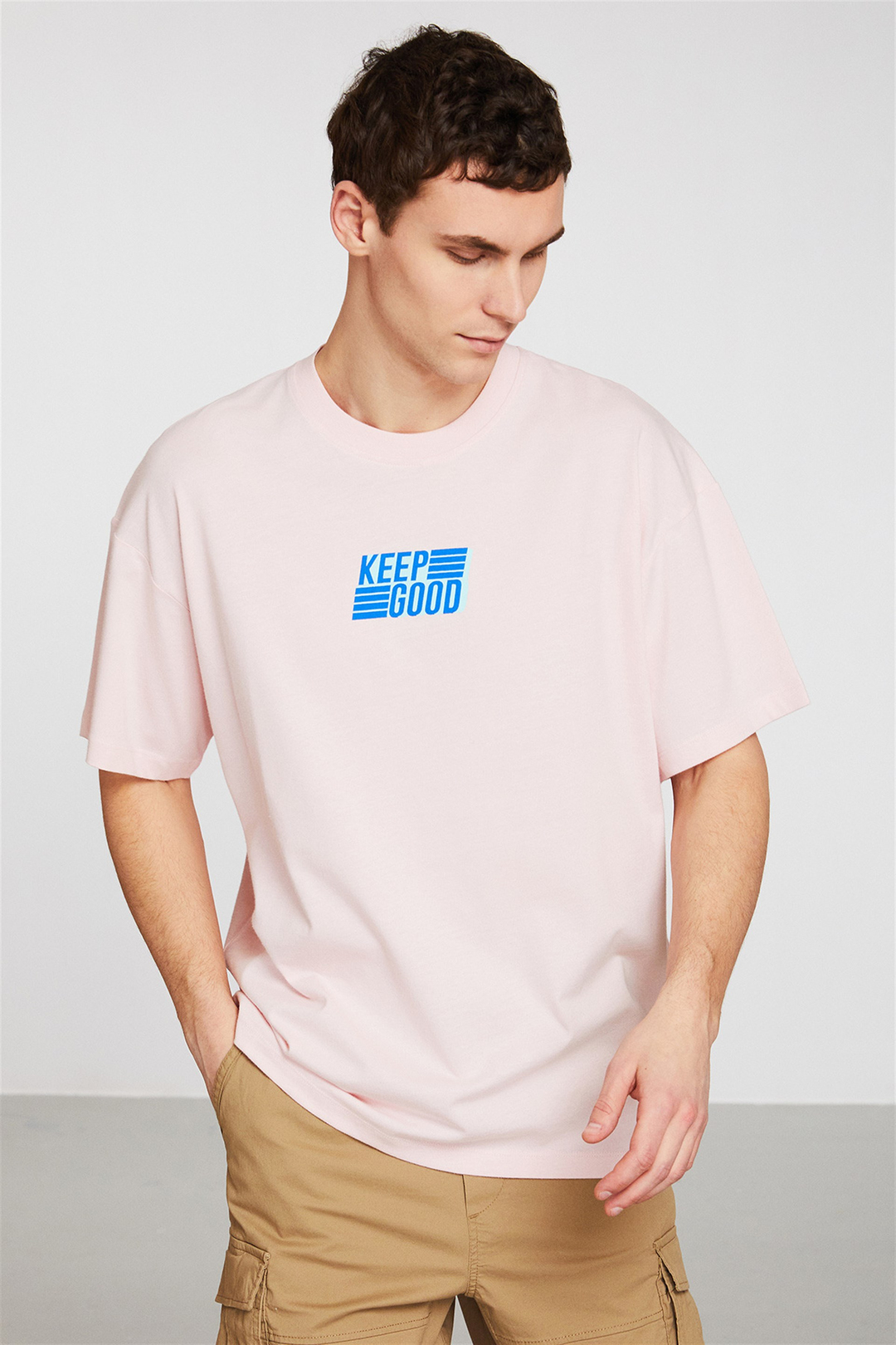 PERFORMANCE Erkek Pembe Baskılı Yuvarlak Yaka Oversize T-Shirt